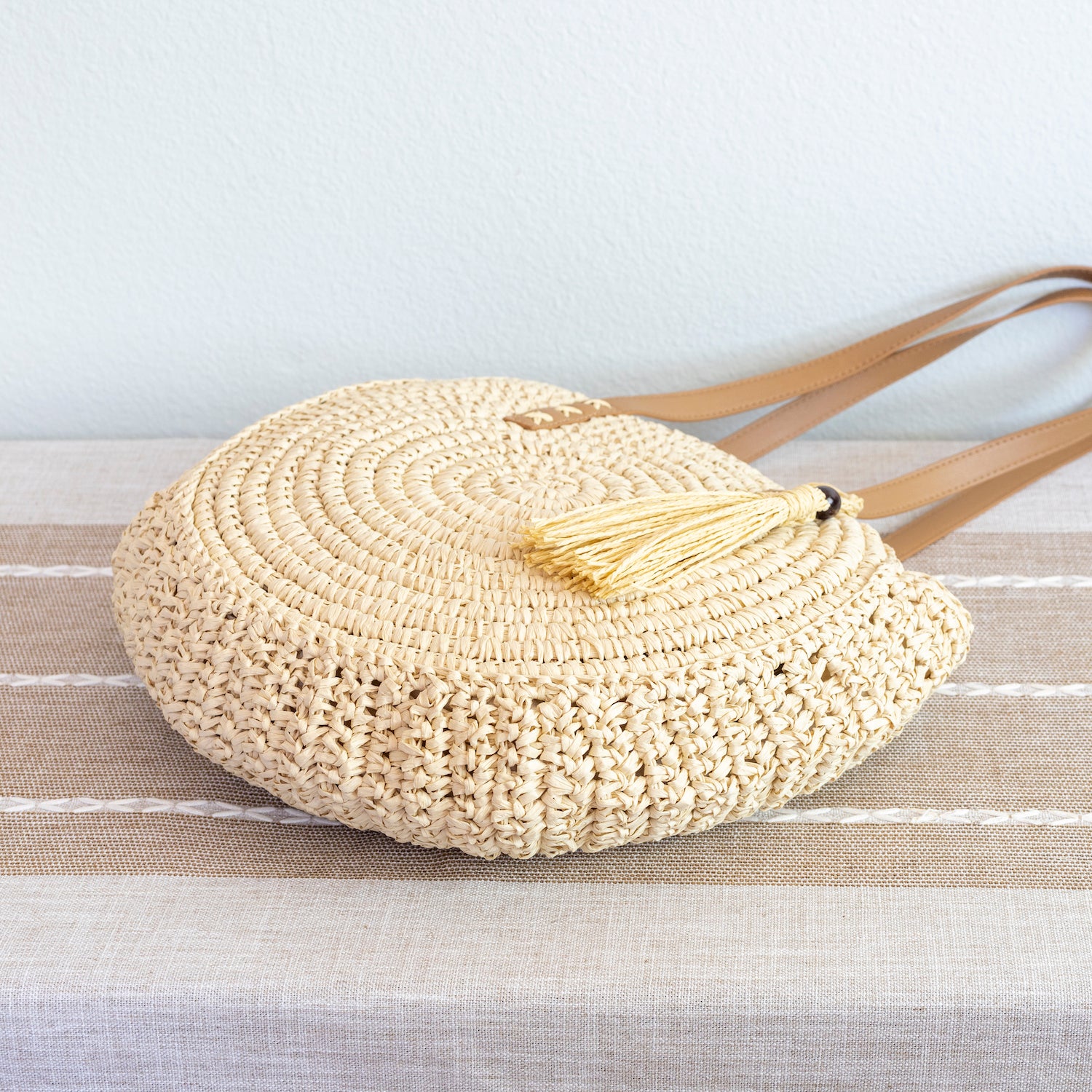 Elena Handbags Straw Woven Round Tote with Leather Strap and Tassel