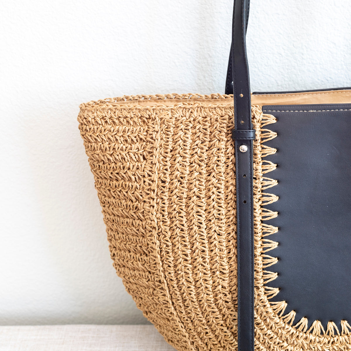 Elena Handbags Large Straw Woven Round Tote with Brown Leather Accents - Perfect Beach Bag or Summer Handbag