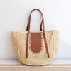 Elena Handbags Large Straw Woven Round Tote with Brown Leather Accents - Perfect Beach Bag or Summer Handbag