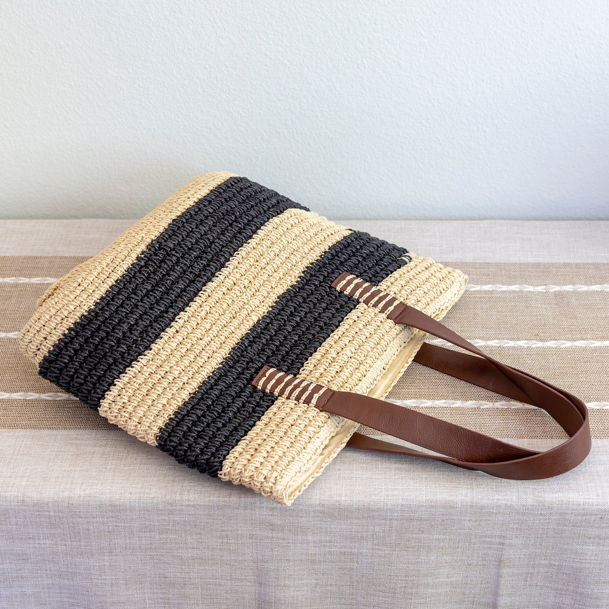 Elena Handbags Striped Large Straw Summer Tote Fashion Handbag with Wide Straps