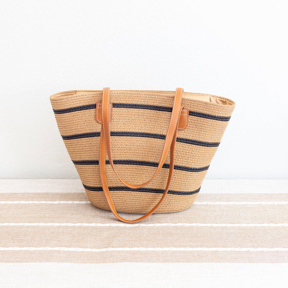 Elena Handbags Straw Summer Tote Beach Bag with Stripes