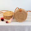 Elena Handbags Straw Woven Round Shoulder Bag with Geunine Leather Strap