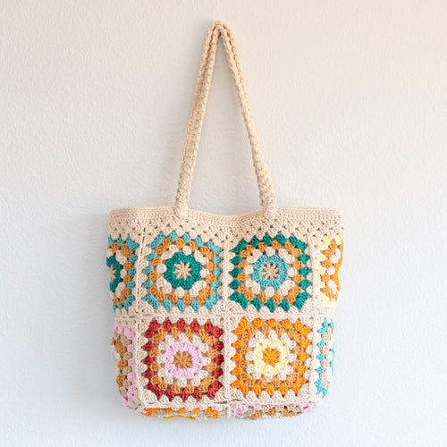 Colorful Floral Granny-Square Crochet Shoulder Tote