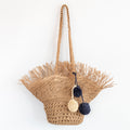 Straw Woven Basket Shape Tote with Pom Pom