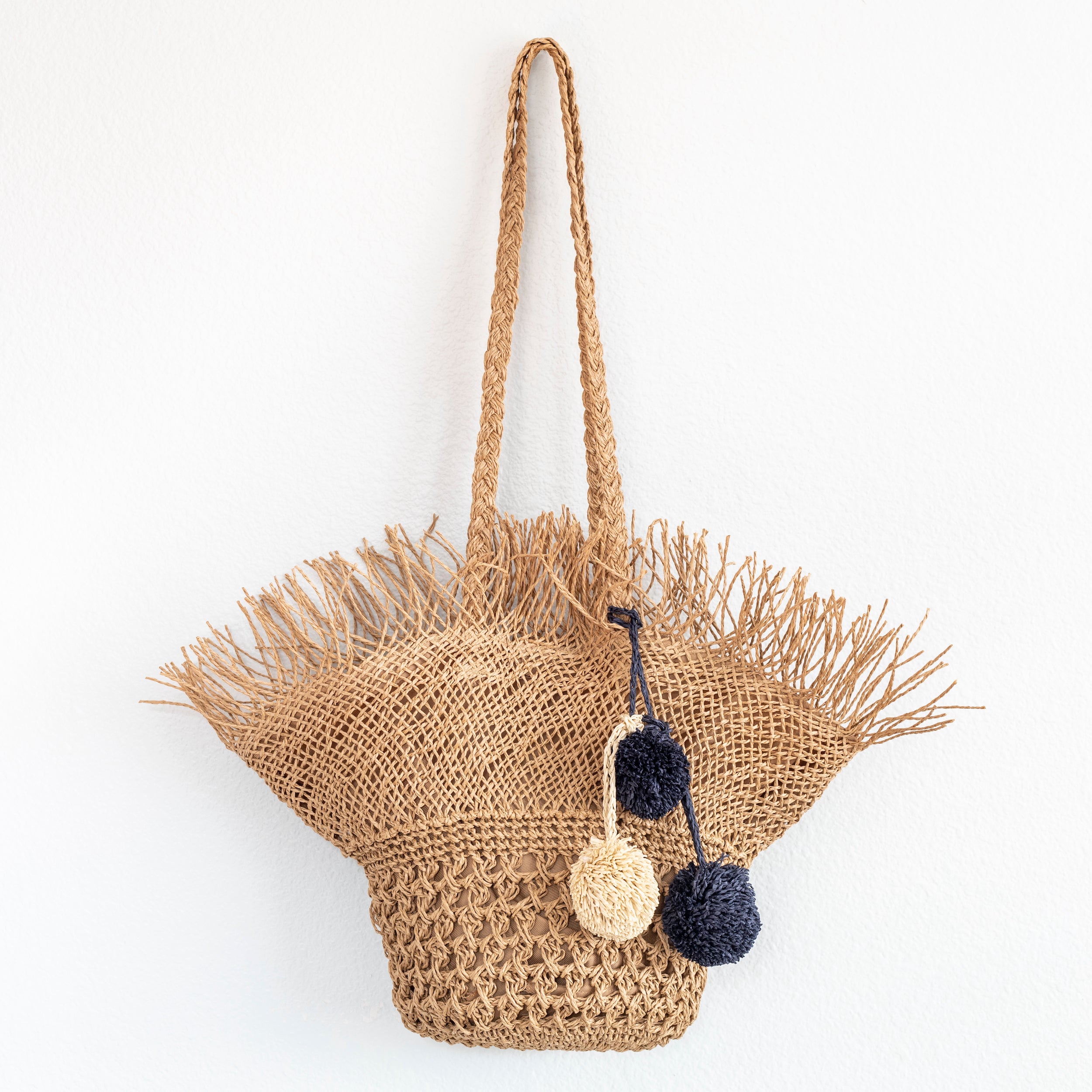 Straw Woven Basket Shape Tote with Pom Pom