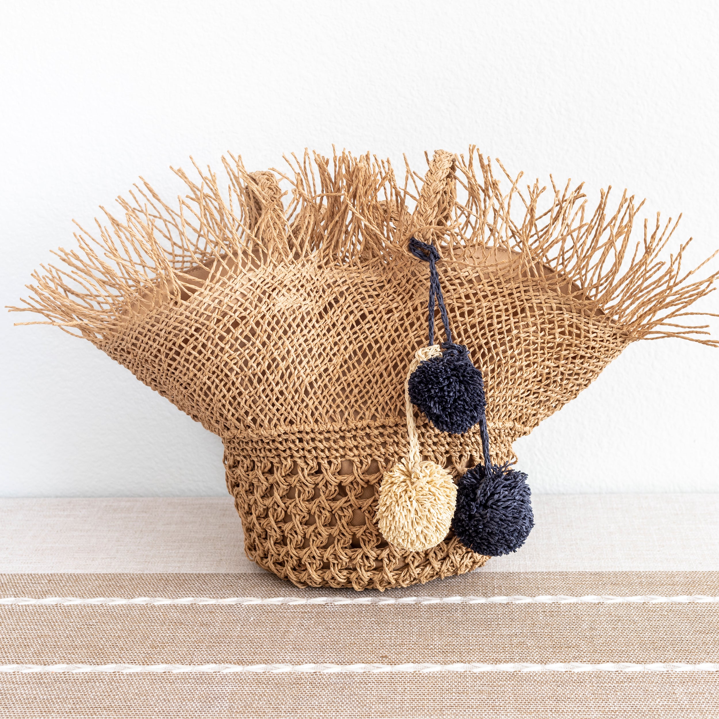 Straw Woven Basket Shape Tote with Pom Pom