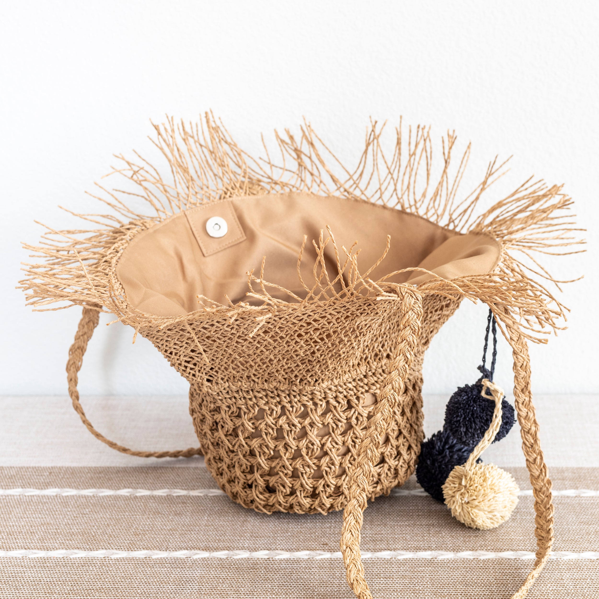 Straw Woven Basket Shape Tote with Pom Pom