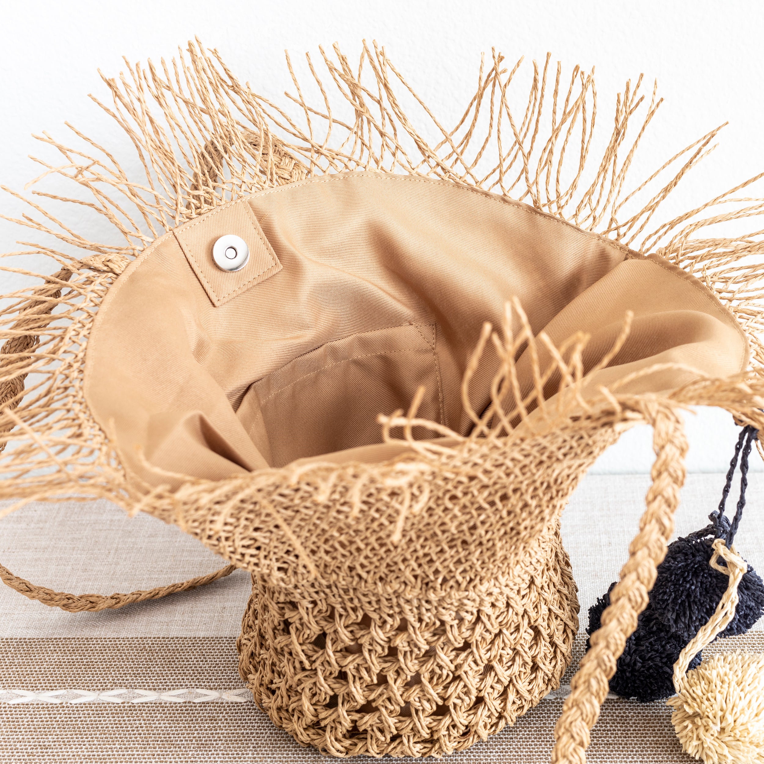Straw Woven Basket Shape Tote with Pom Pom