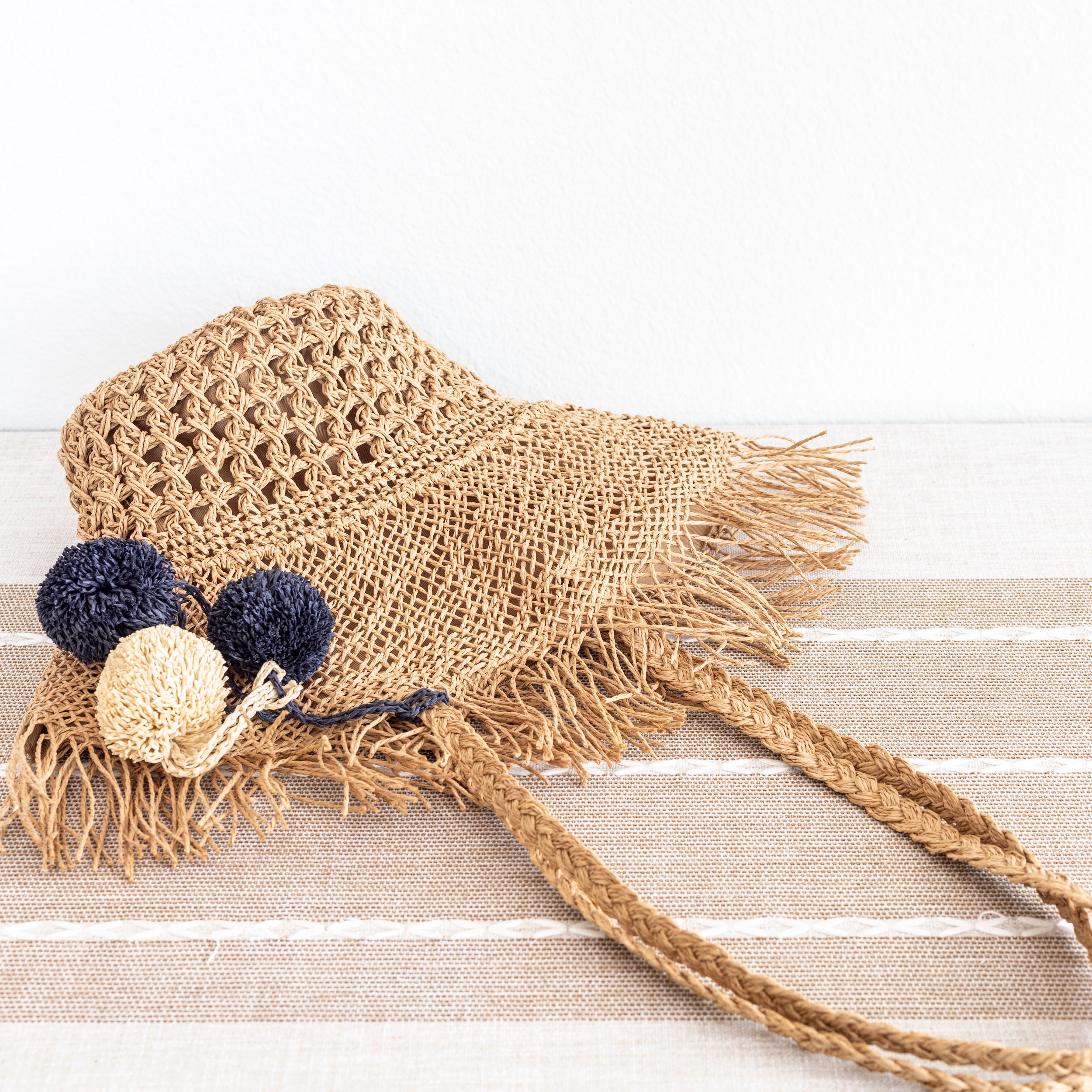 Straw Woven Basket Shape Tote with Pom Pom
