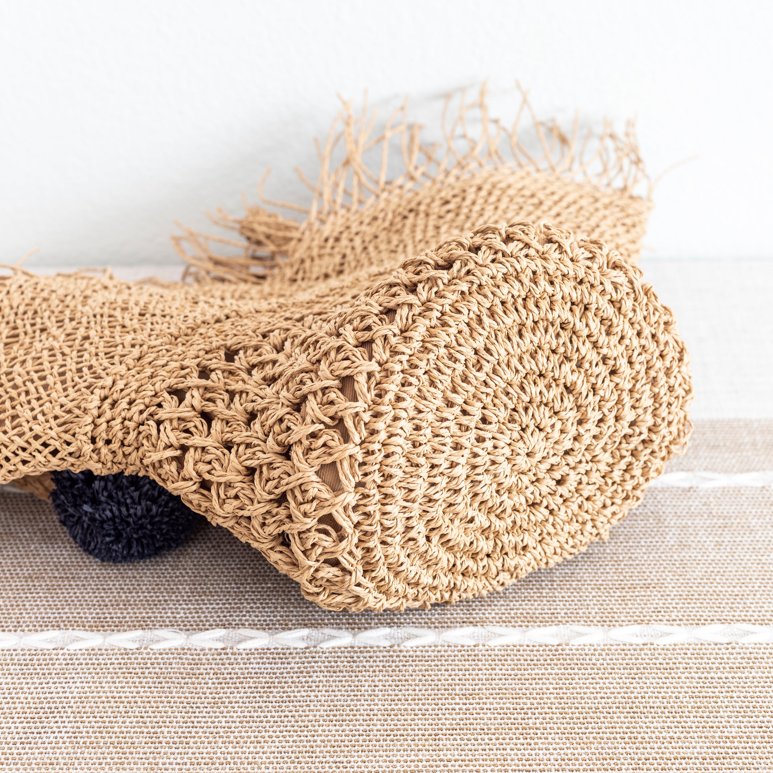 Straw Woven Basket Shape Tote with Pom Pom