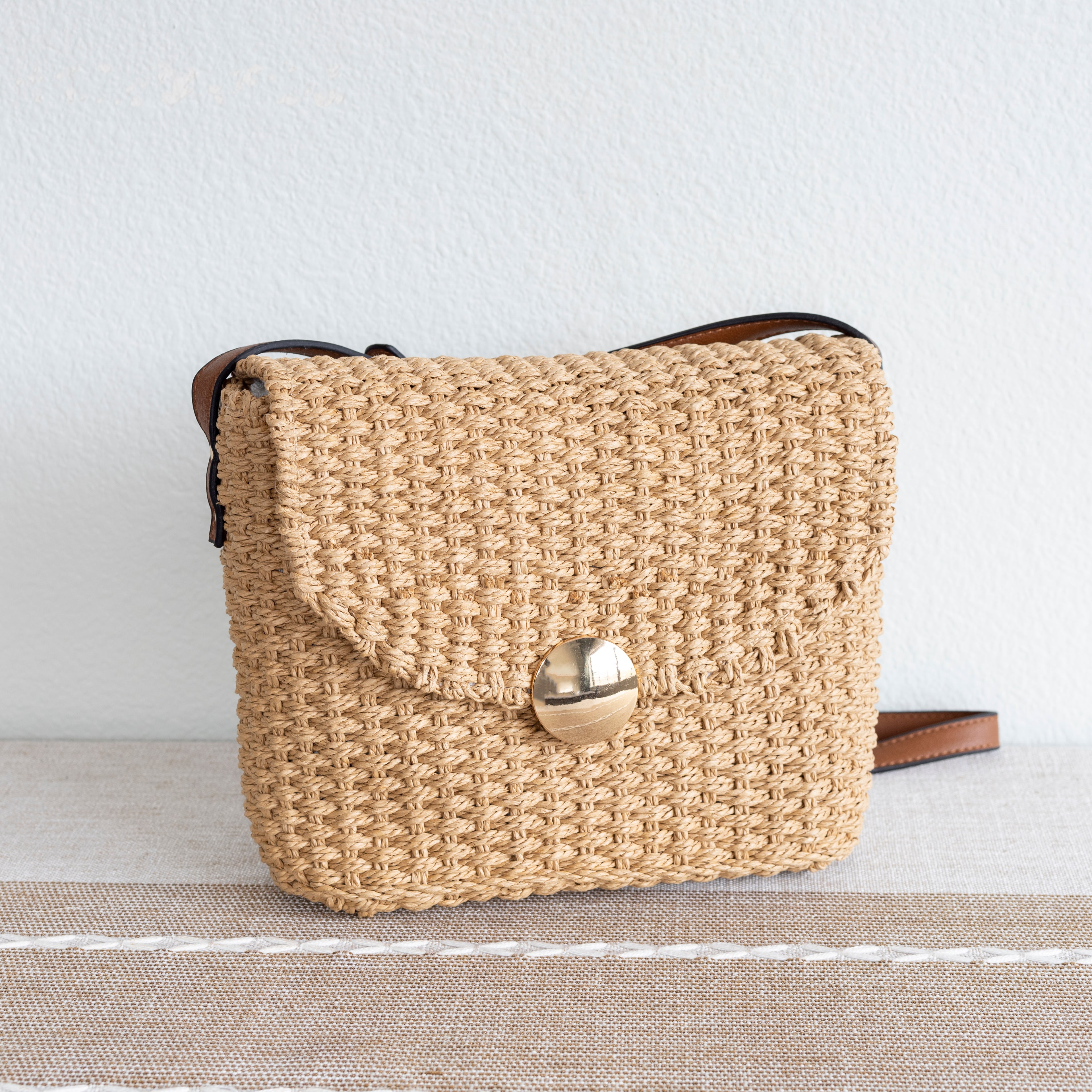 Straw Woven Messenger Bag with Flap