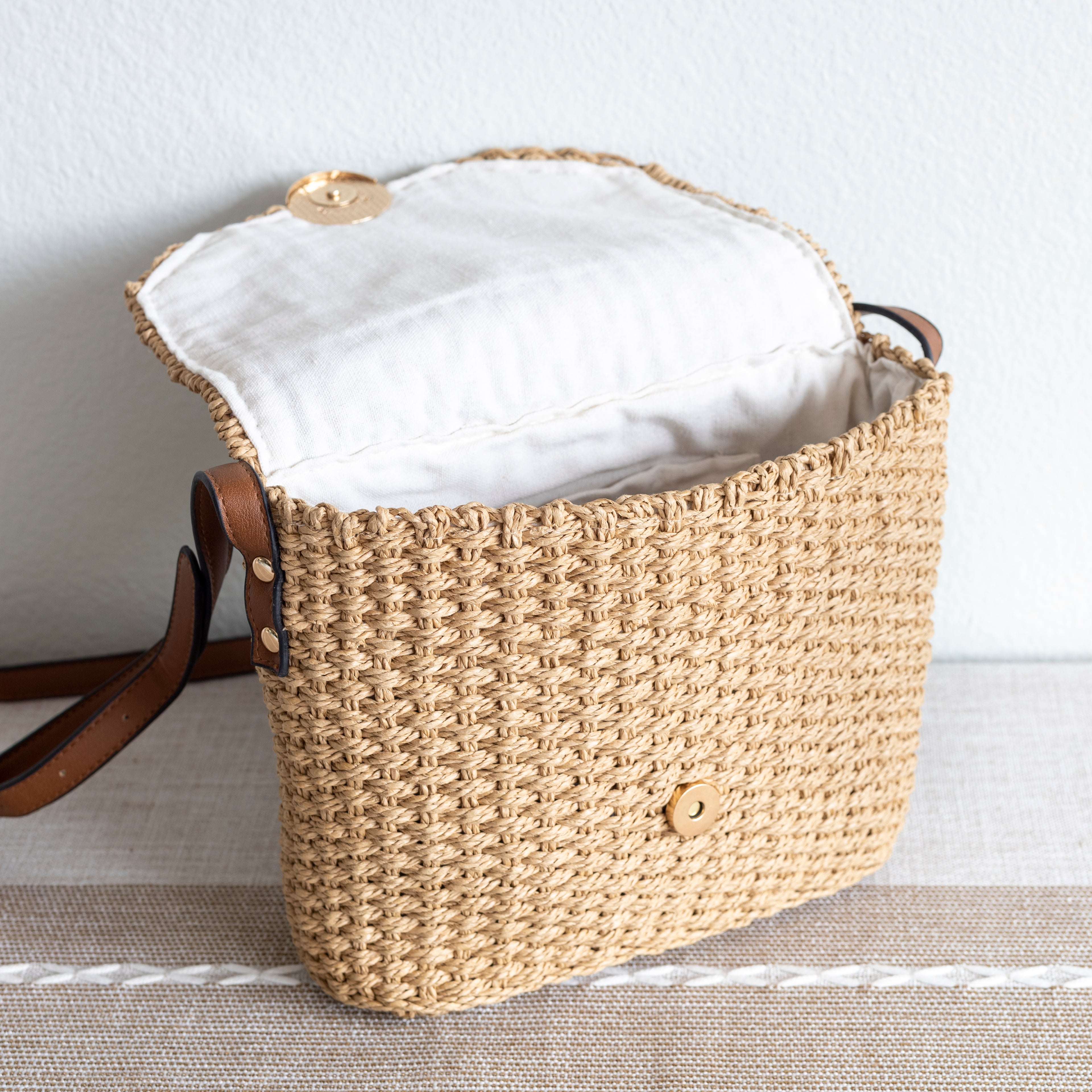 Straw Woven Messenger Bag with Flap
