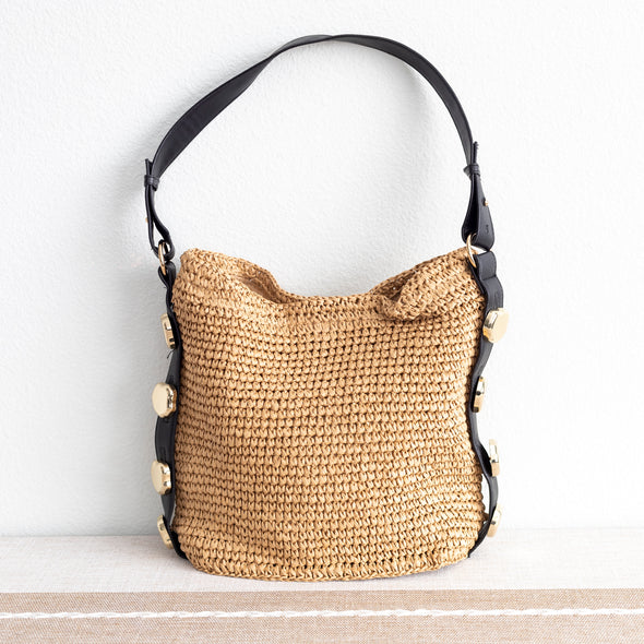 Elena Handbags Straw Woven Tote with Leather Straps