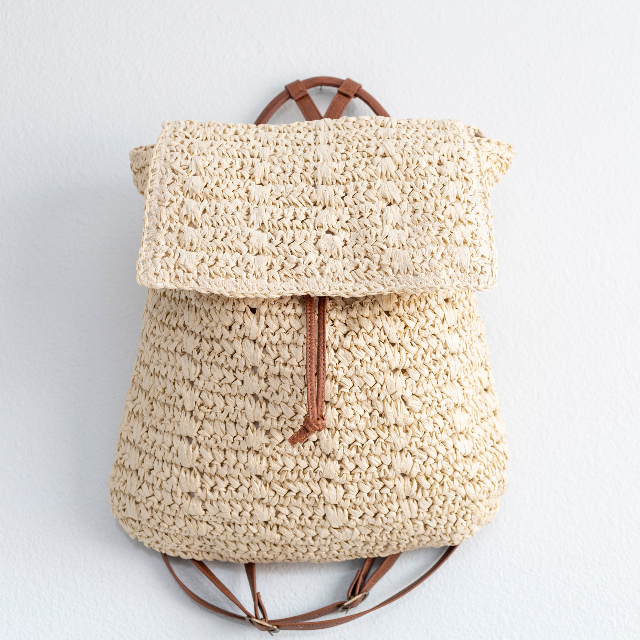 Straw Backpack with Vegan Leather Strap