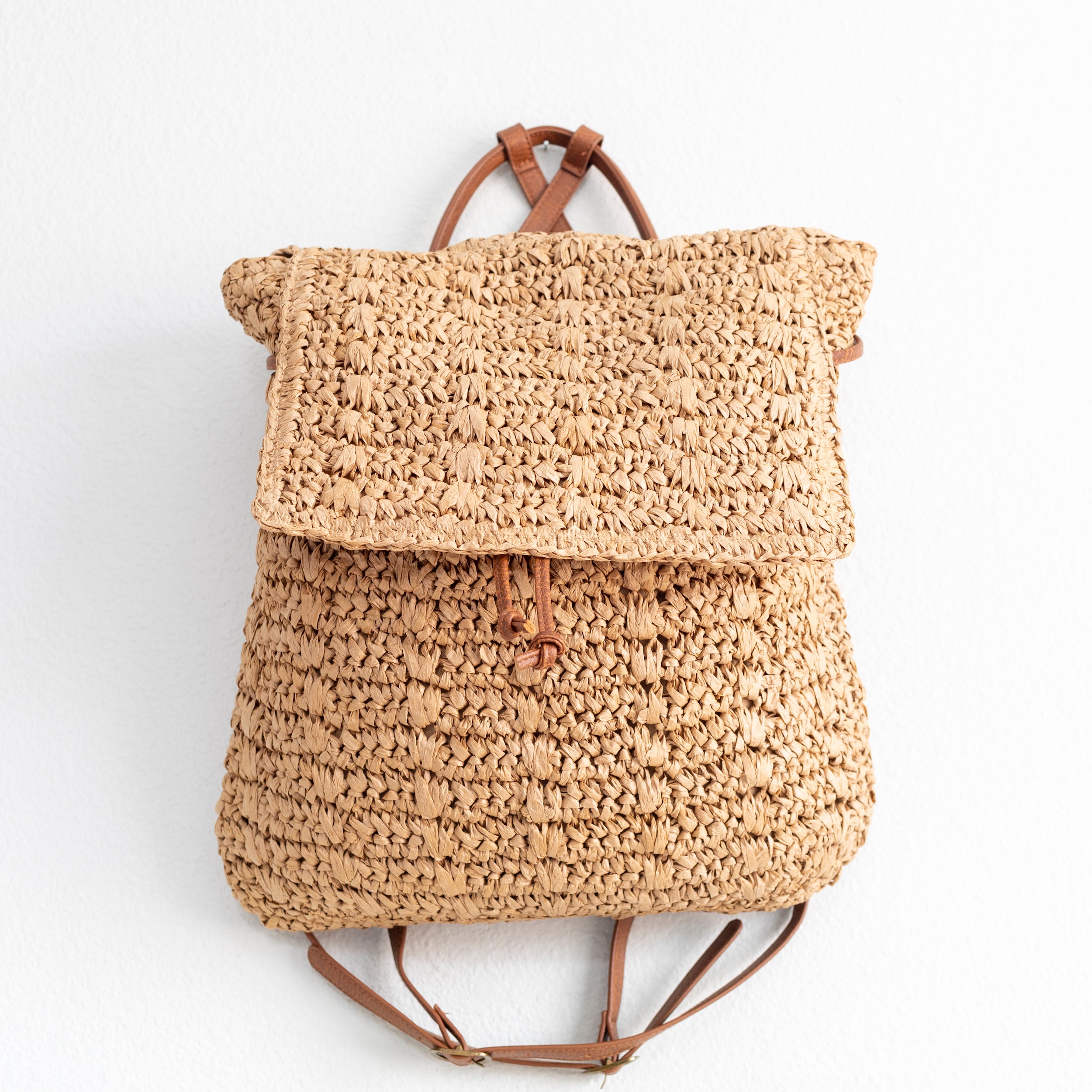 Straw Backpack with Vegan Leather Strap