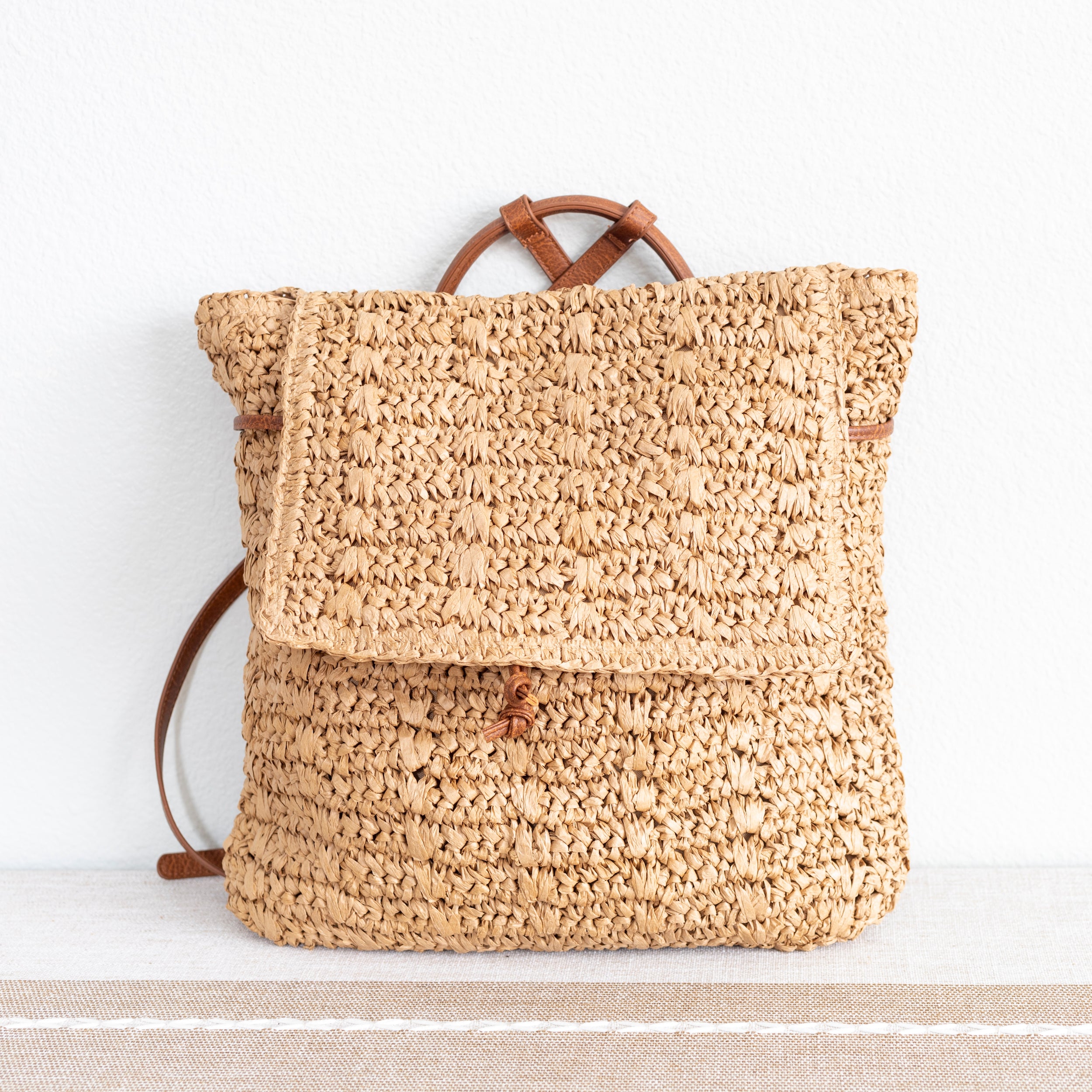 Straw Backpack with Vegan Leather Strap