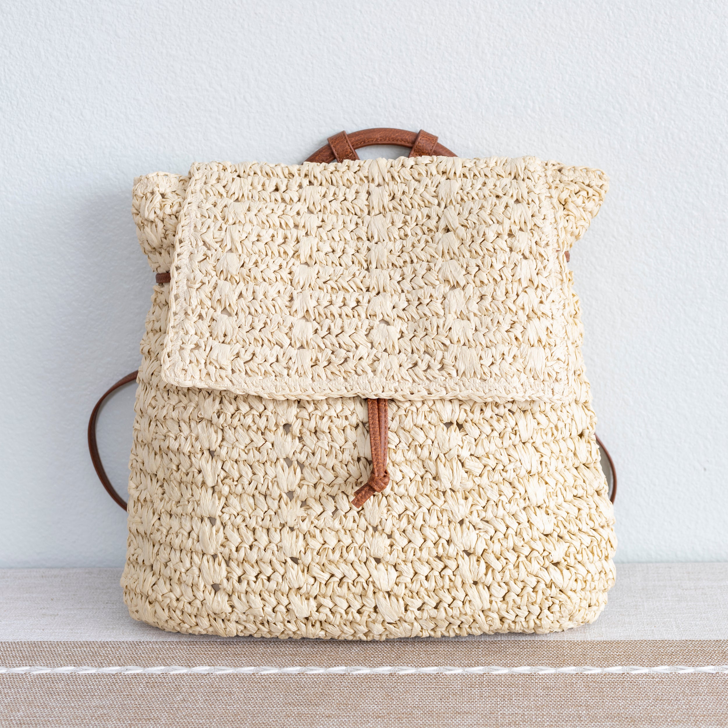 Straw Backpack with Vegan Leather Strap