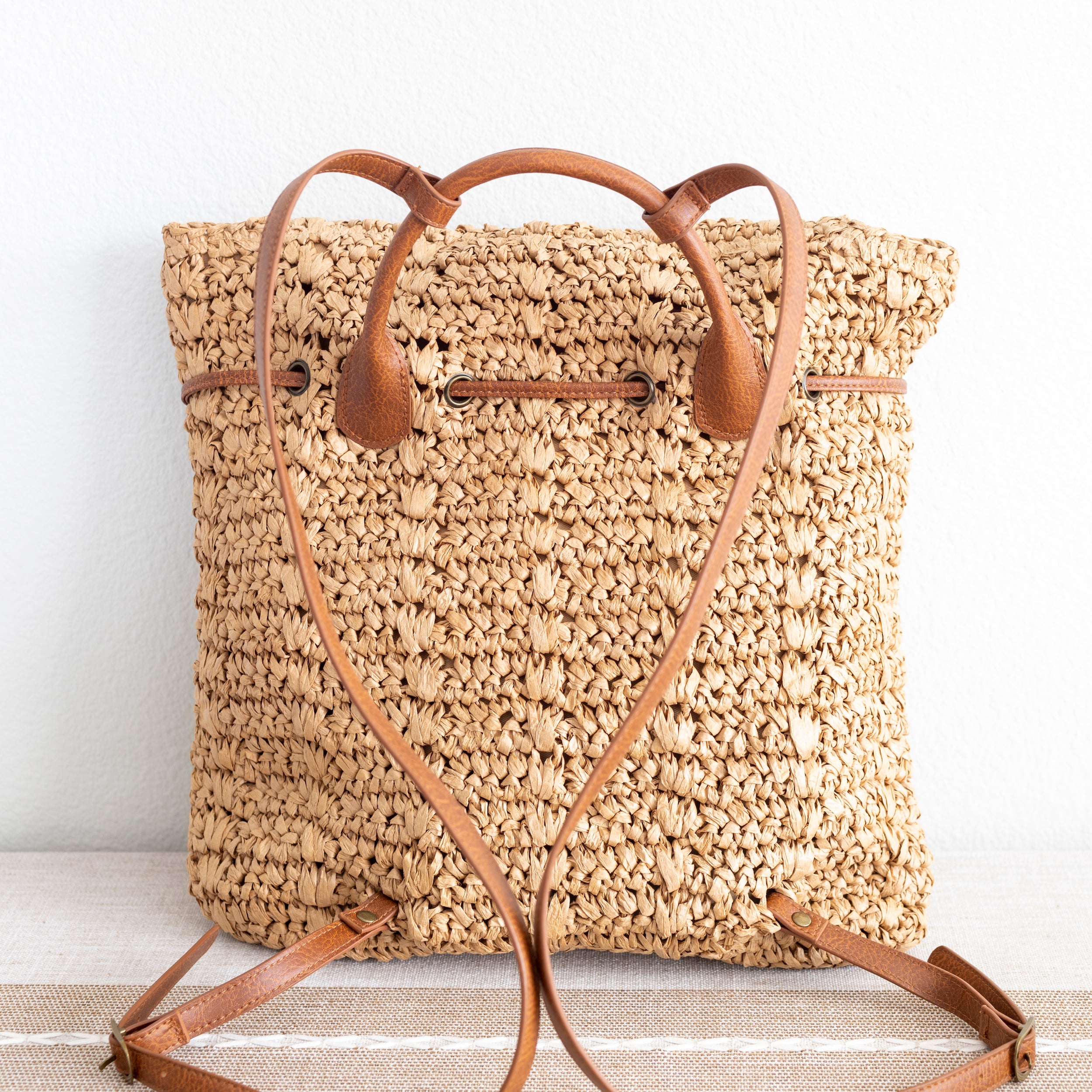 Straw Backpack with Vegan Leather Strap