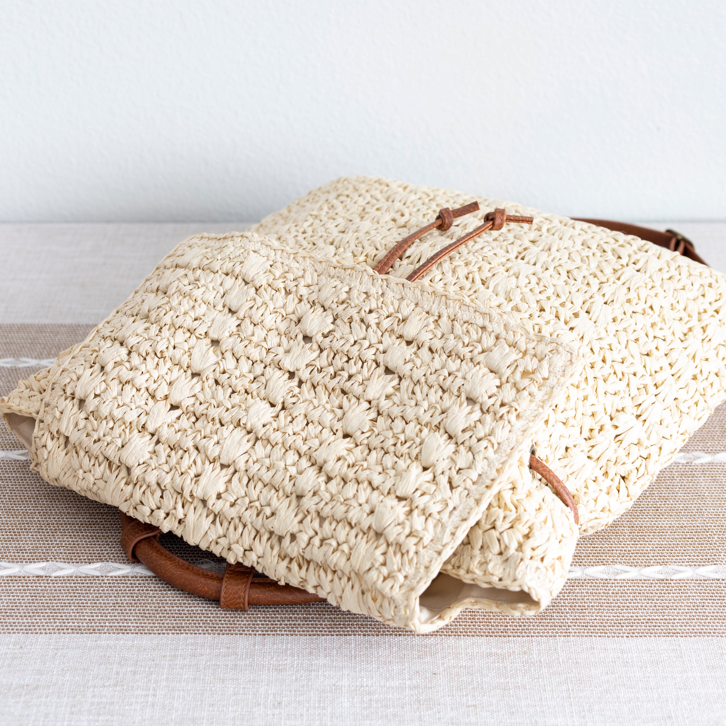 Straw Backpack with Vegan Leather Strap