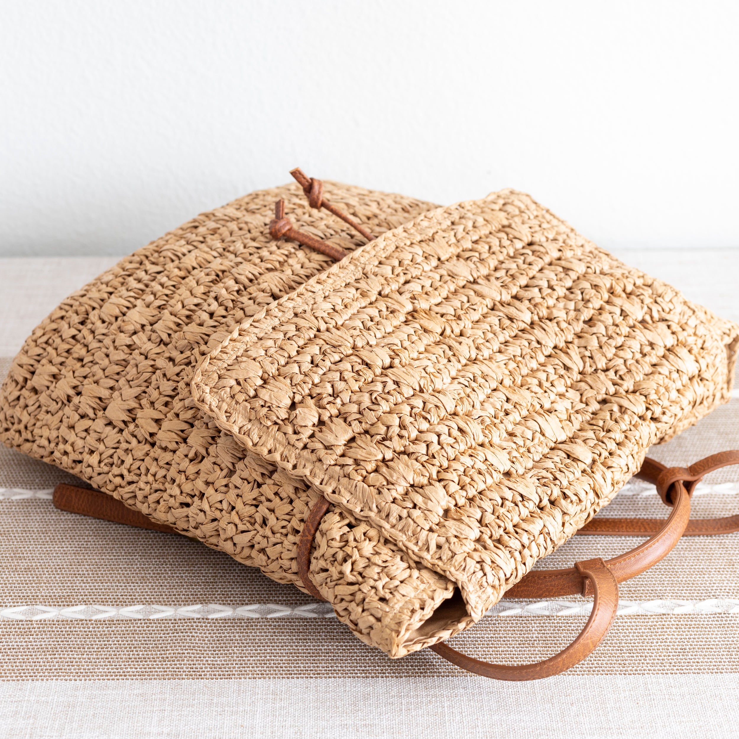 Straw Backpack with Vegan Leather Strap