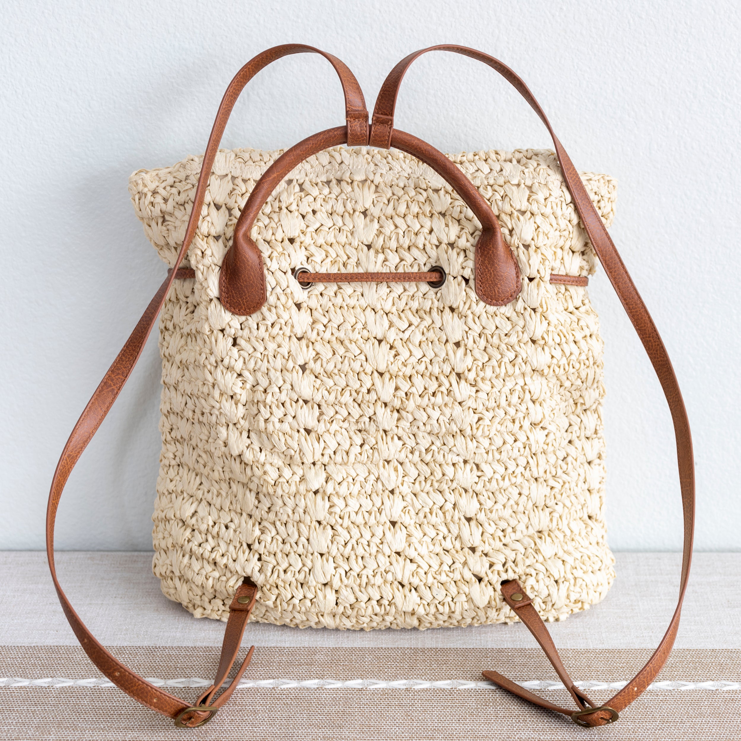 Straw Backpack with Vegan Leather Strap