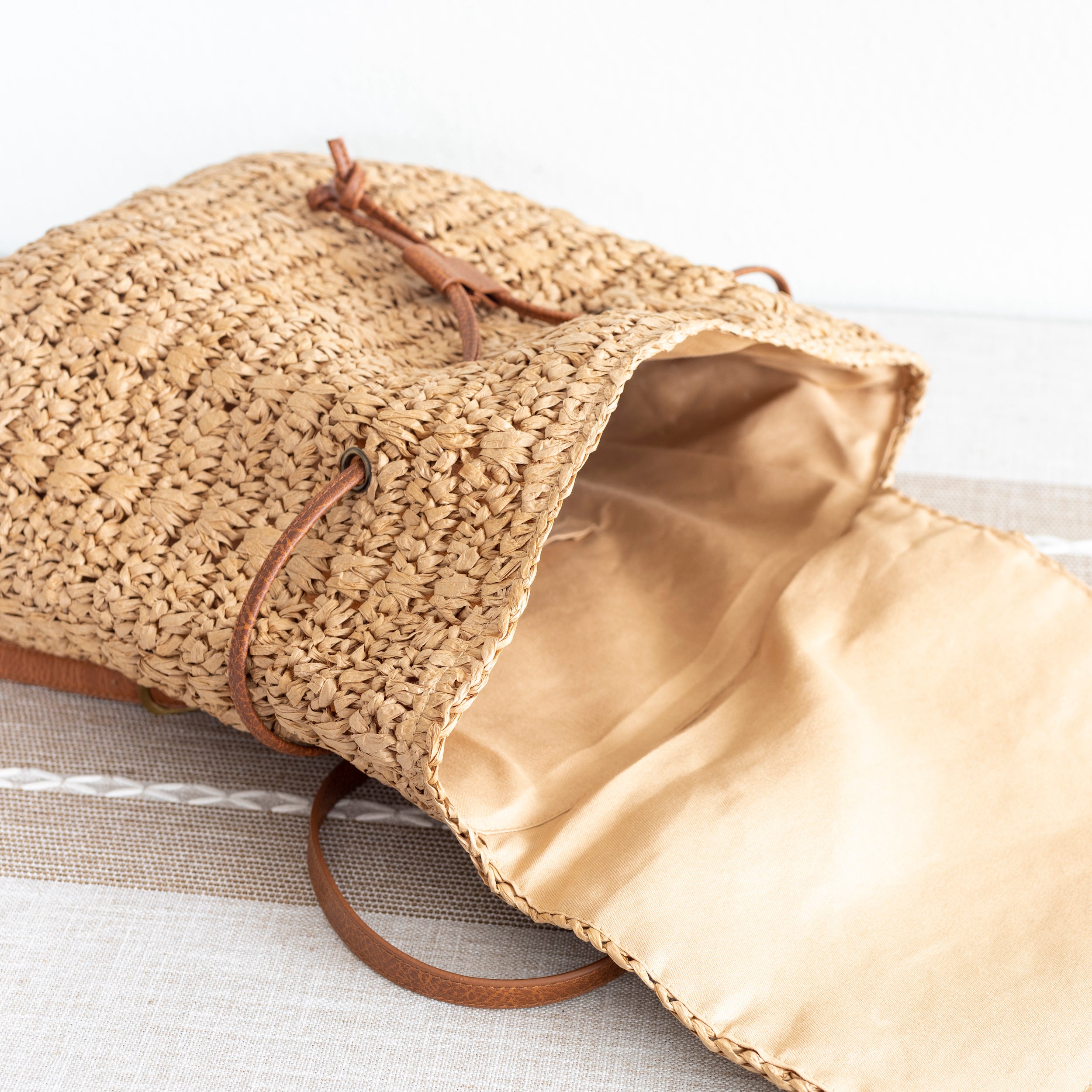 Straw Backpack with Vegan Leather Strap