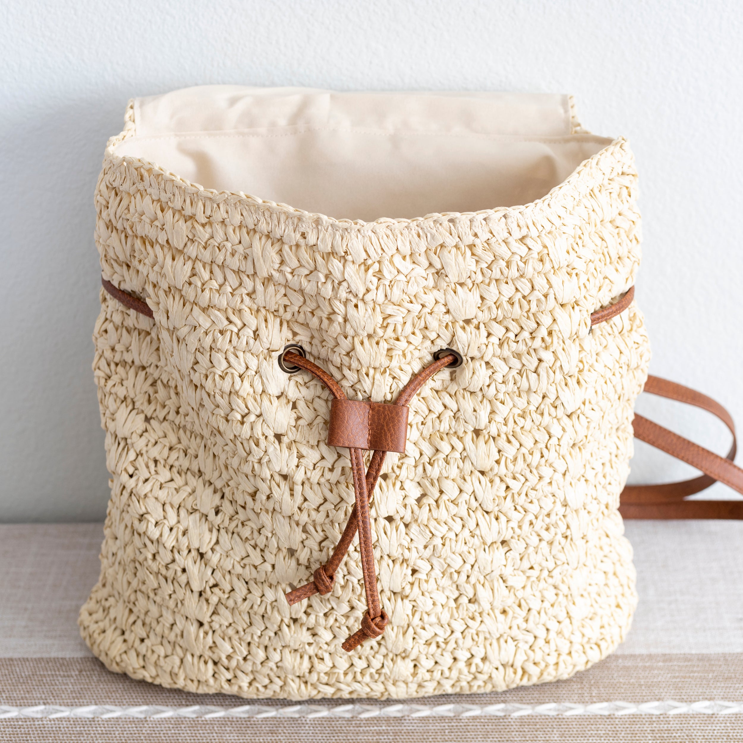 Straw Backpack with Vegan Leather Strap