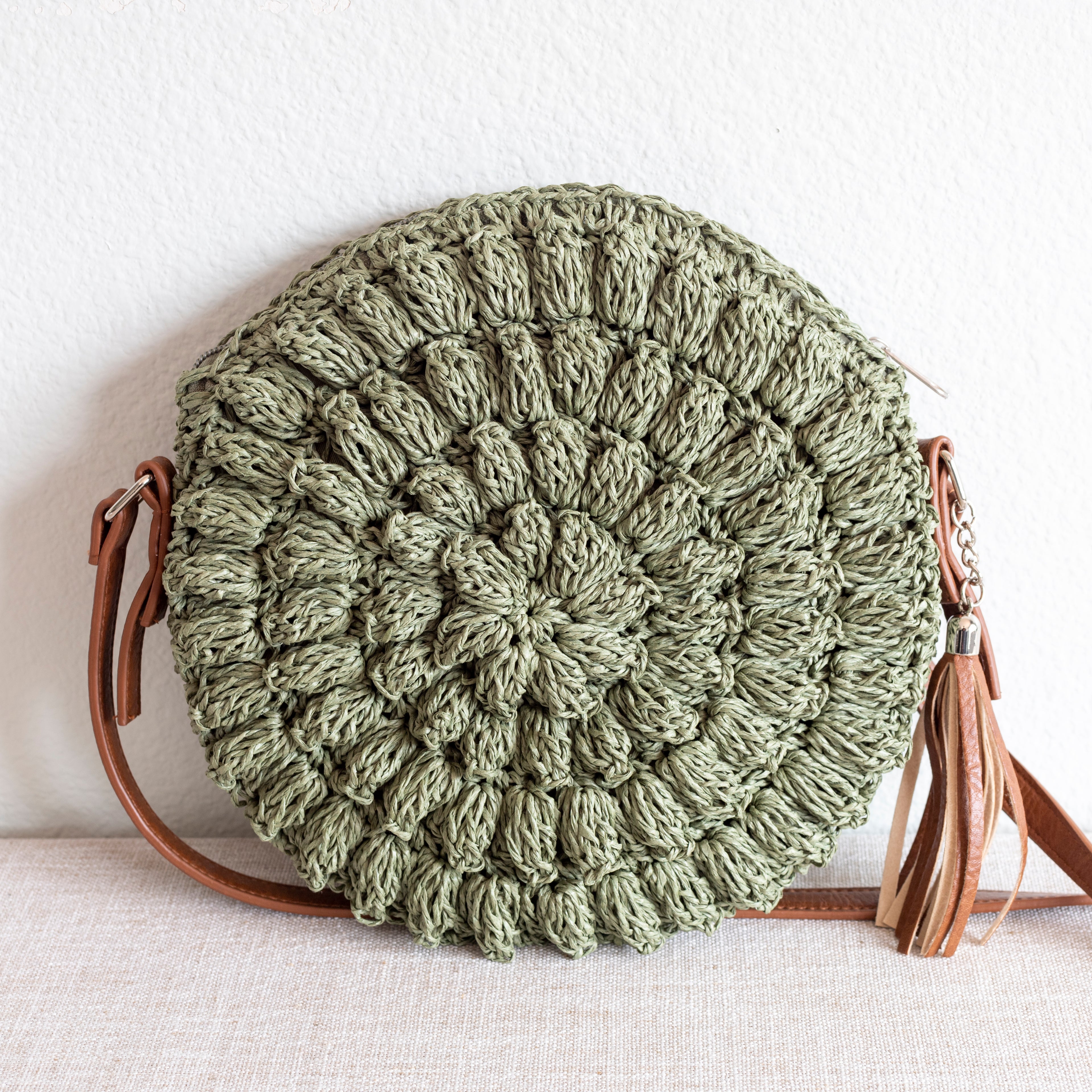 Straw Woven Round Tote with Leather Strap