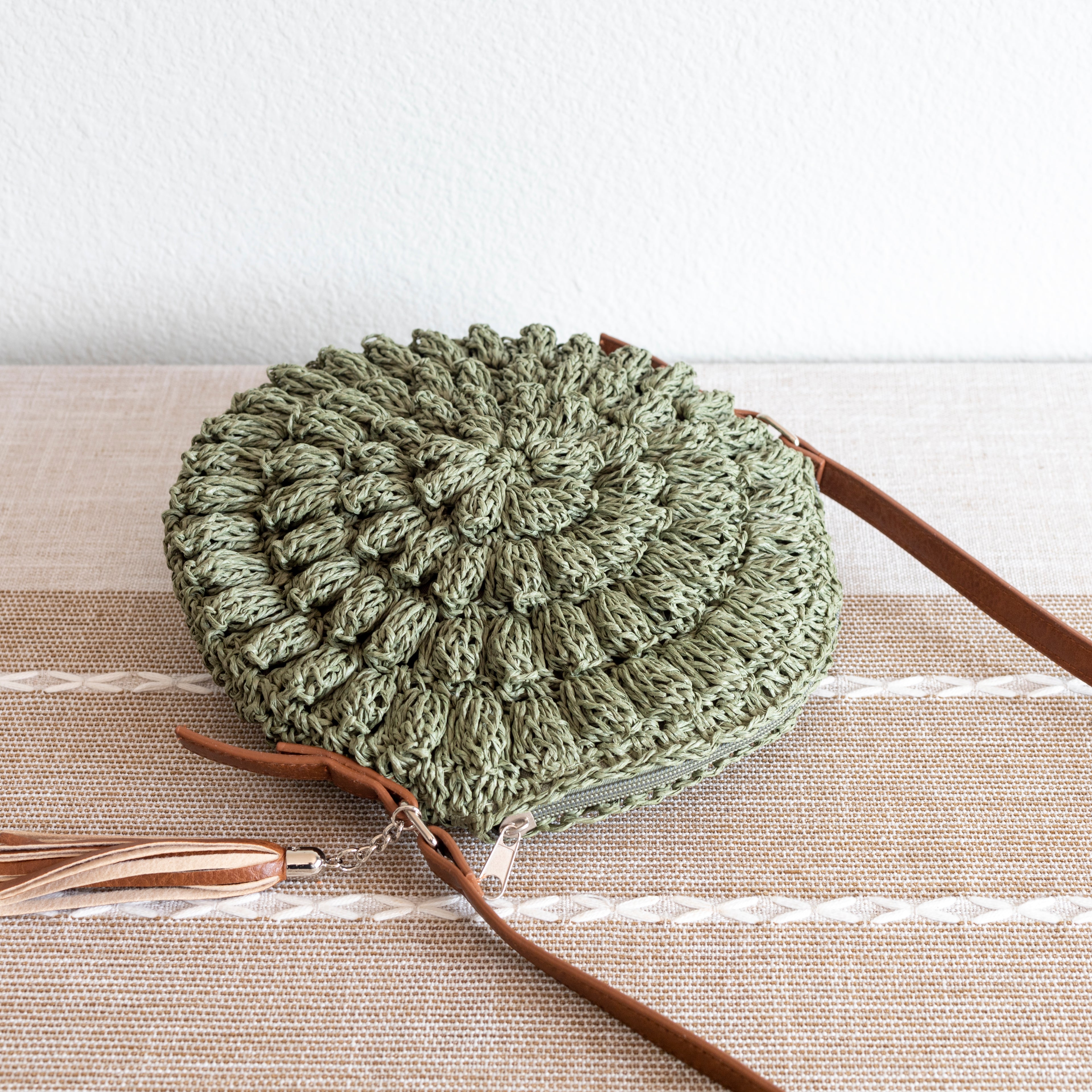 Straw Woven Round Tote with Leather Strap