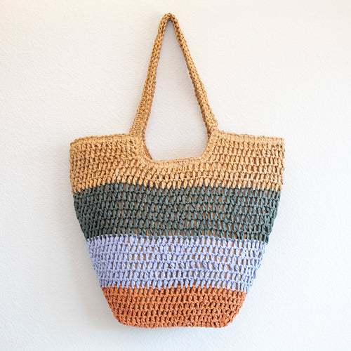 Color-Block Straw Shoulder Tote with Tapered Shape