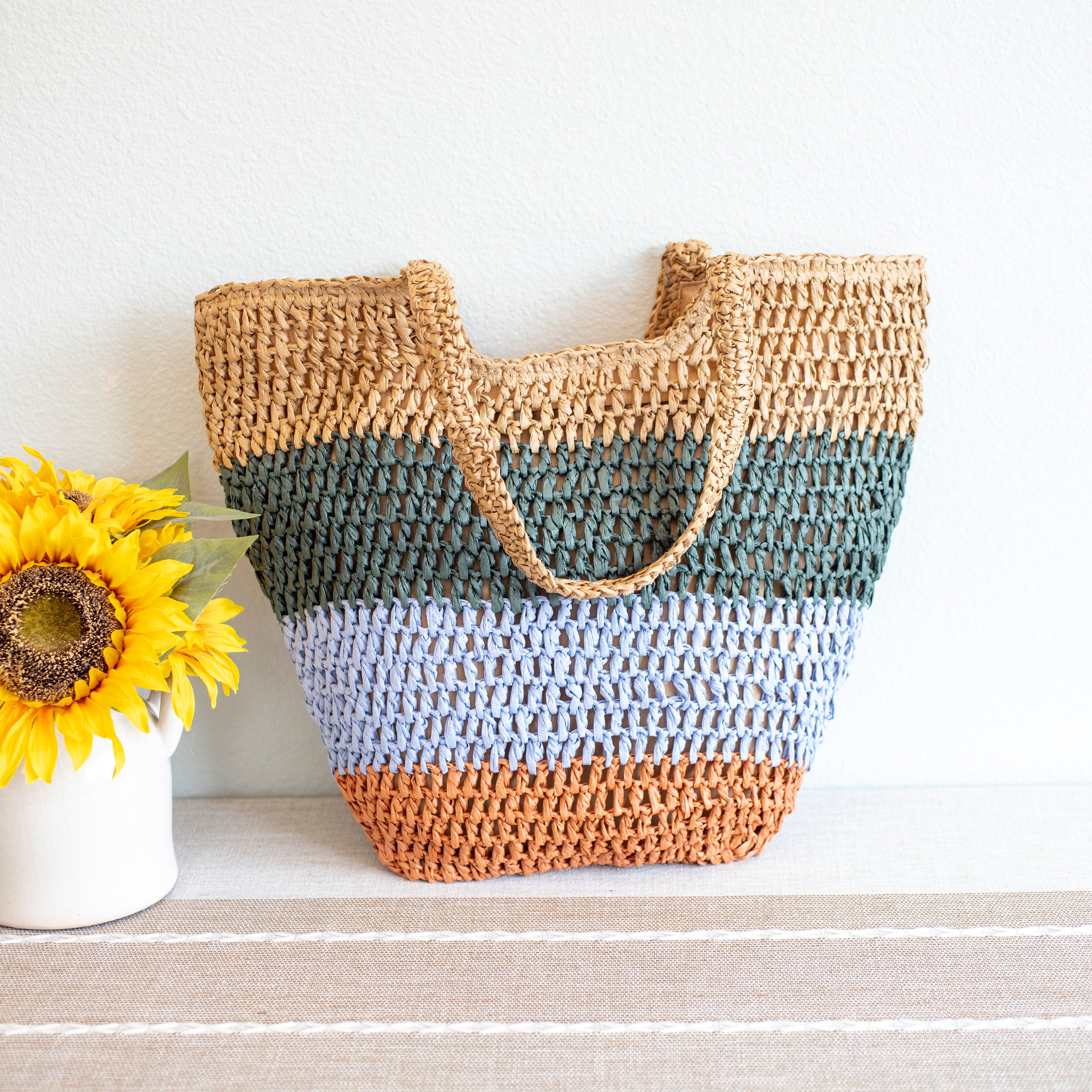Straw Woven Summer Color Block Tote