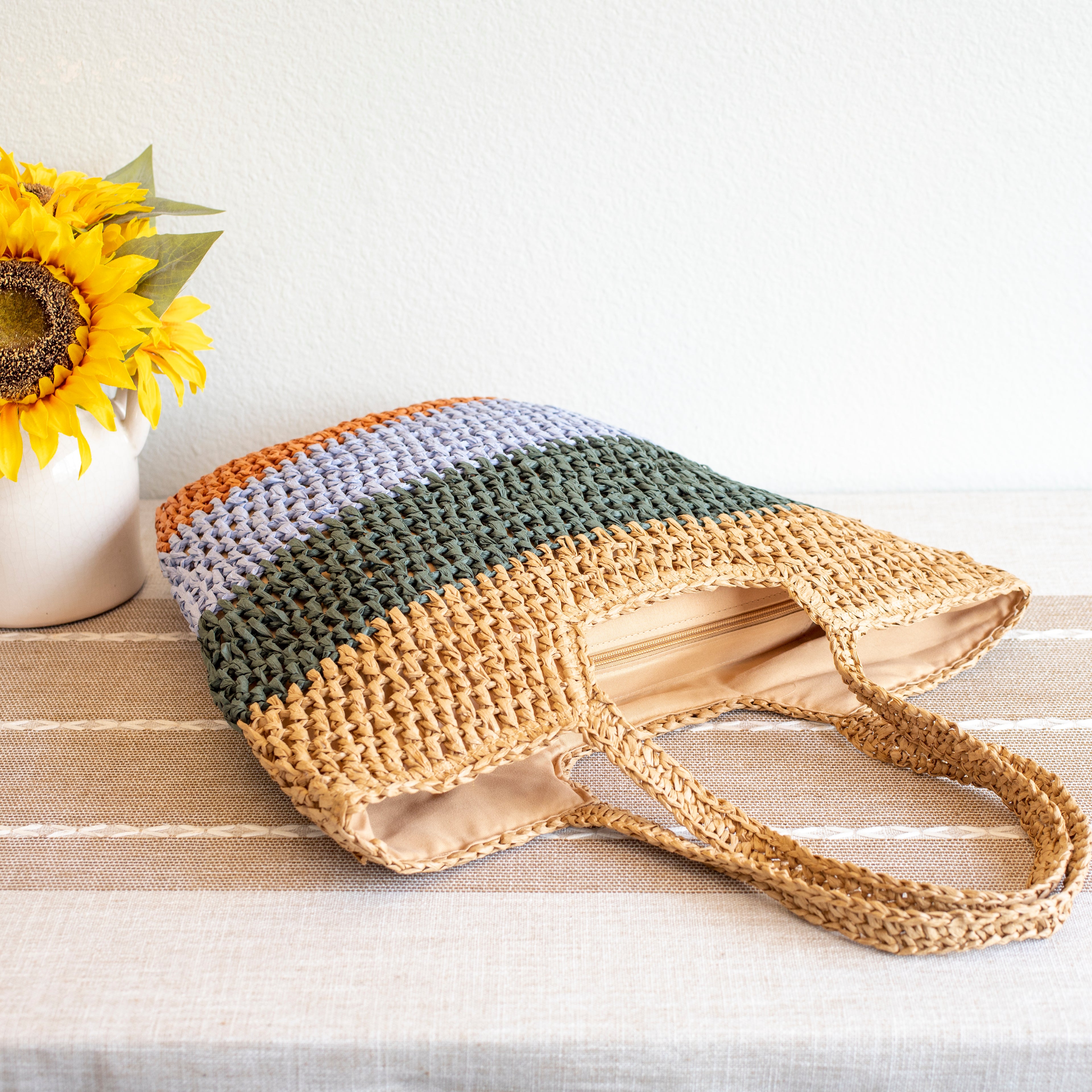 Straw Woven Summer Color Block Tote