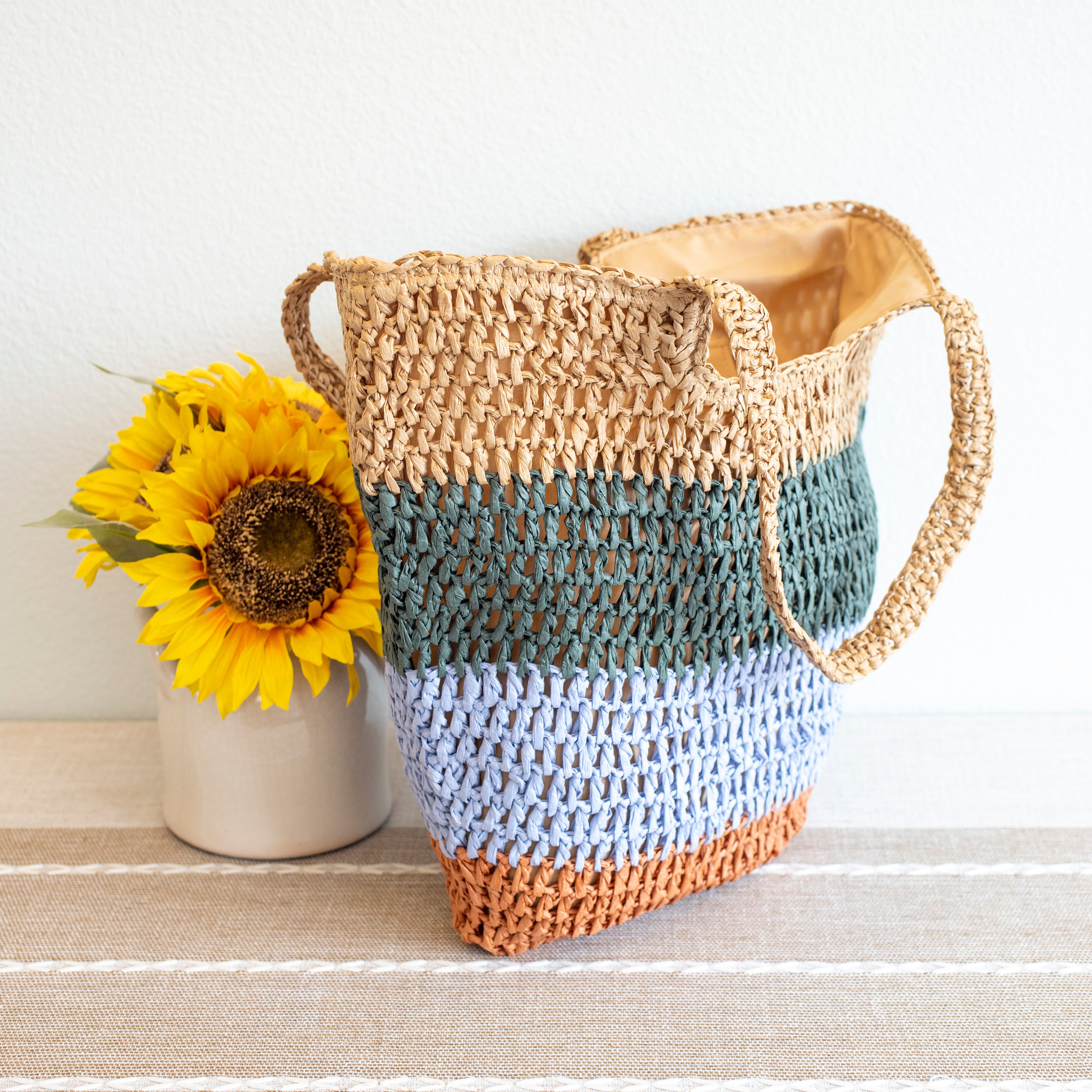Straw Woven Summer Color Block Tote