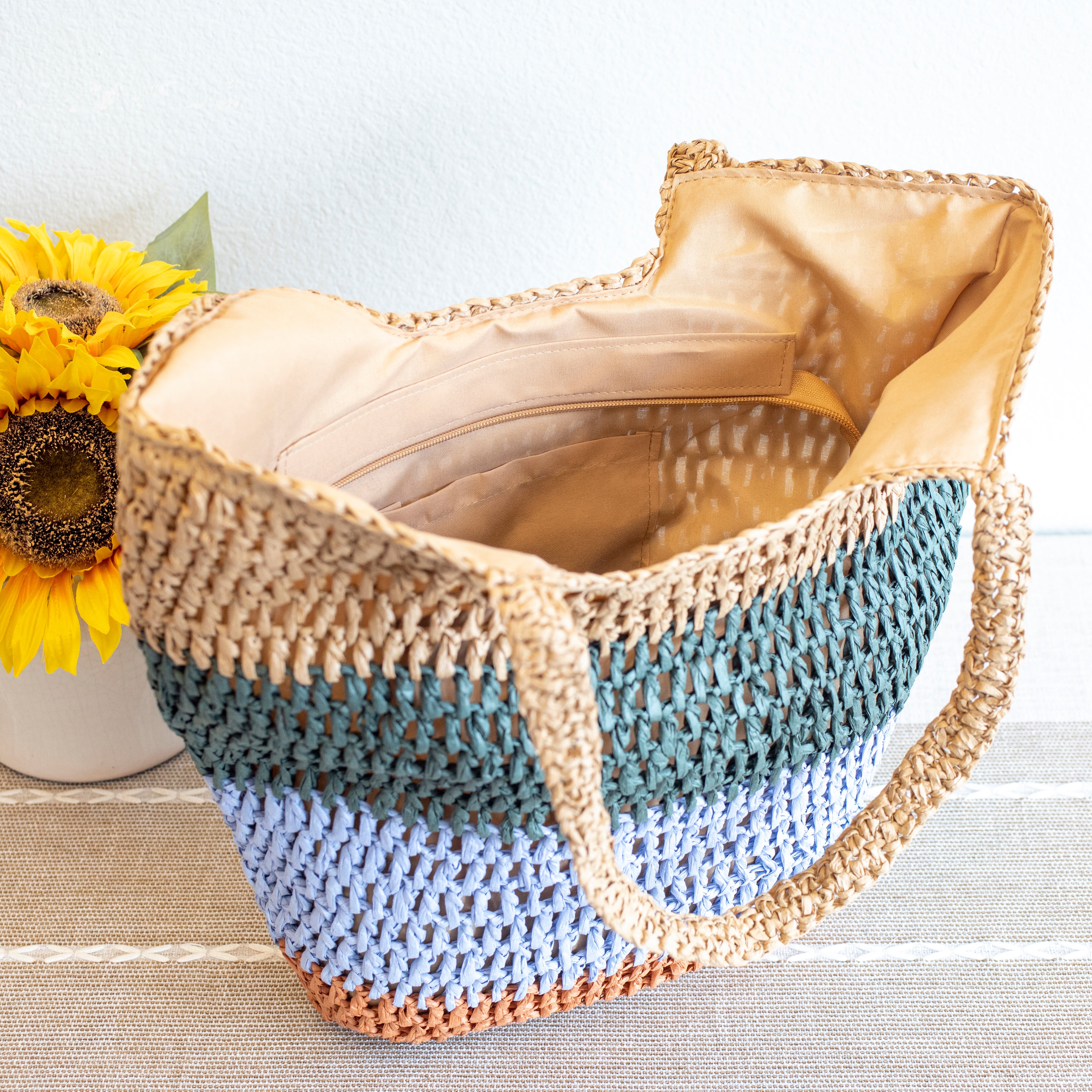Straw Woven Summer Color Block Tote