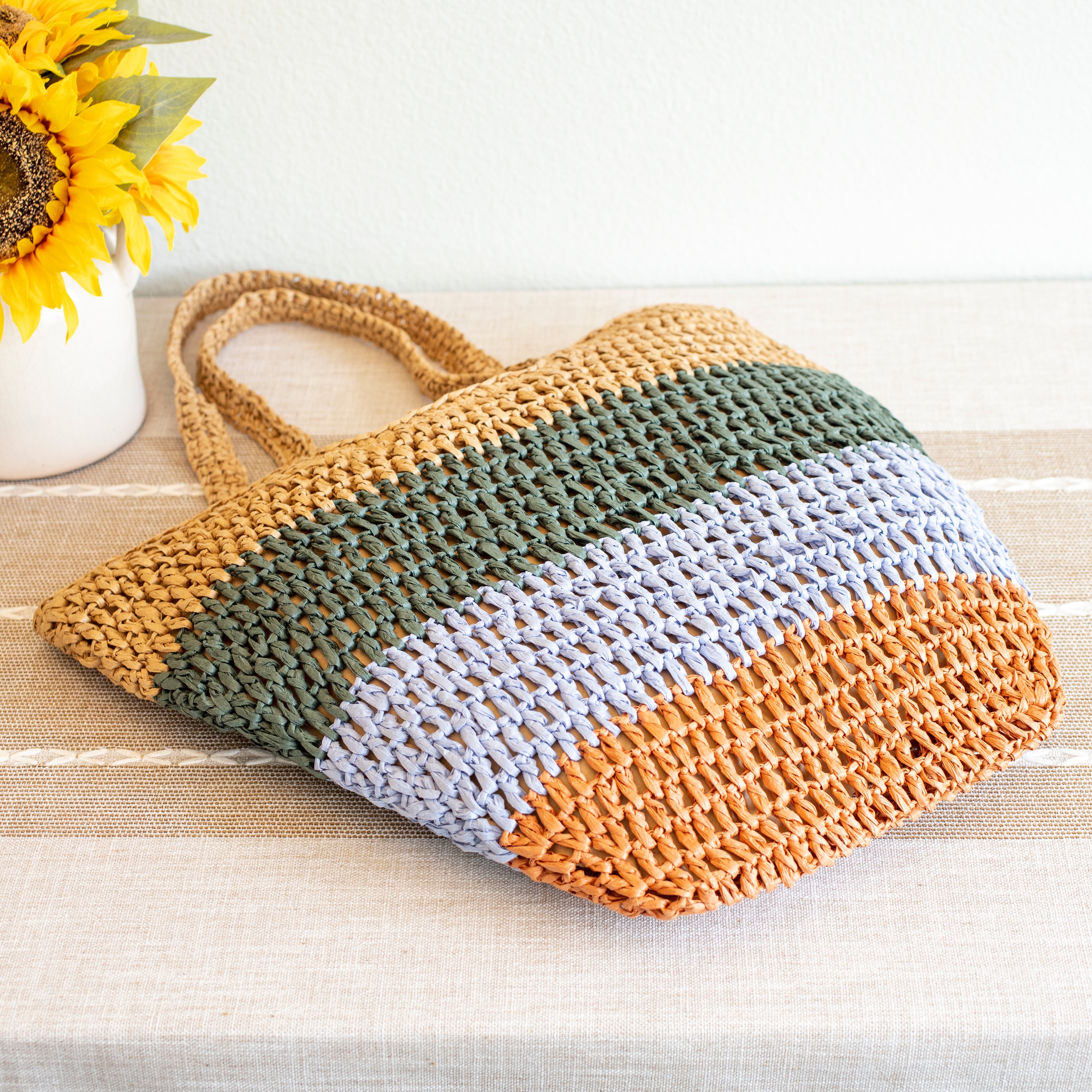 Straw Woven Summer Color Block Tote