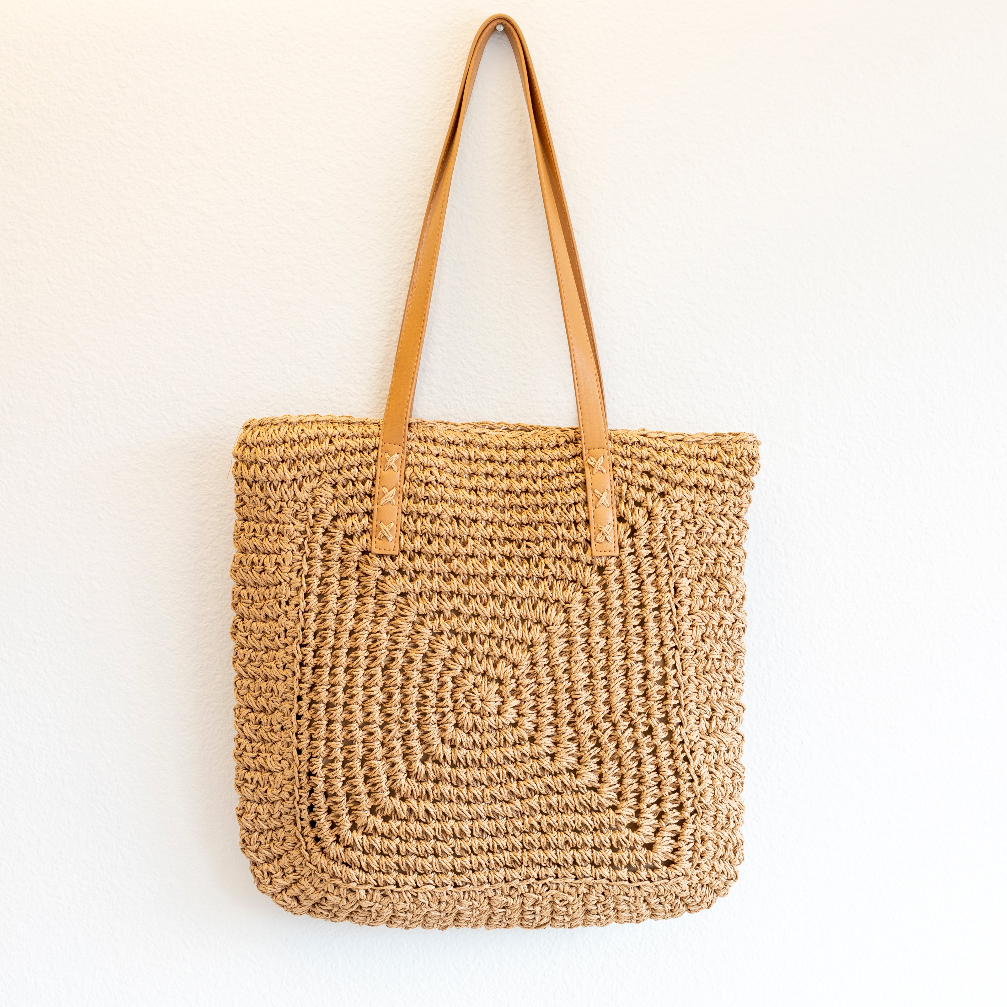 Patterned Straw Woven Tote Bag