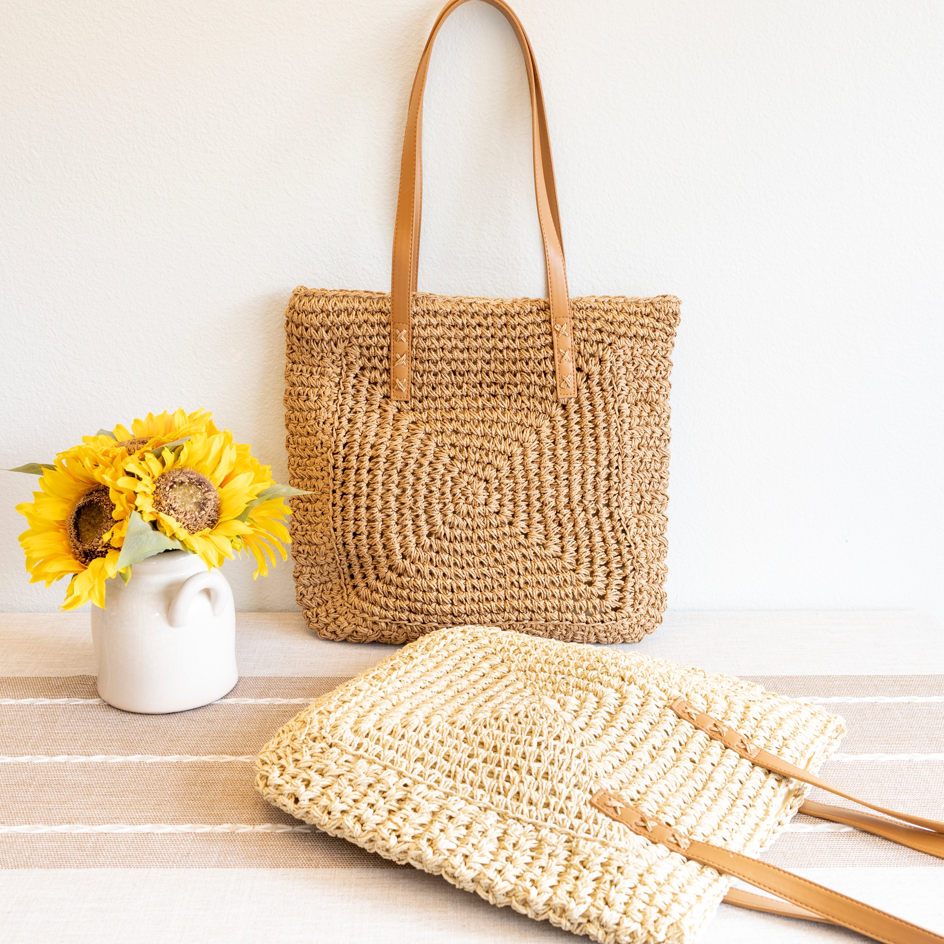Patterned Straw Woven Tote Bag