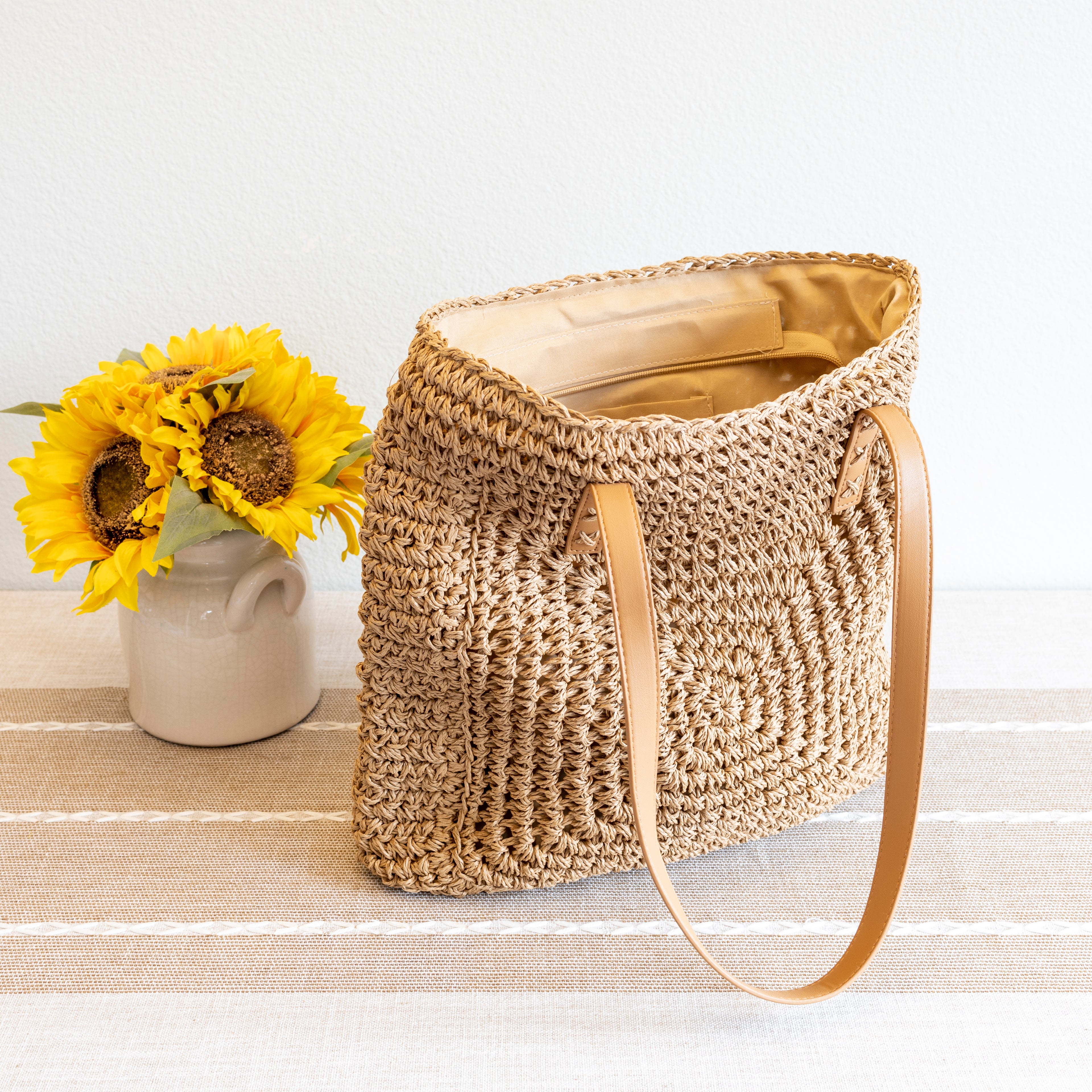 Patterned Straw Woven Tote Bag