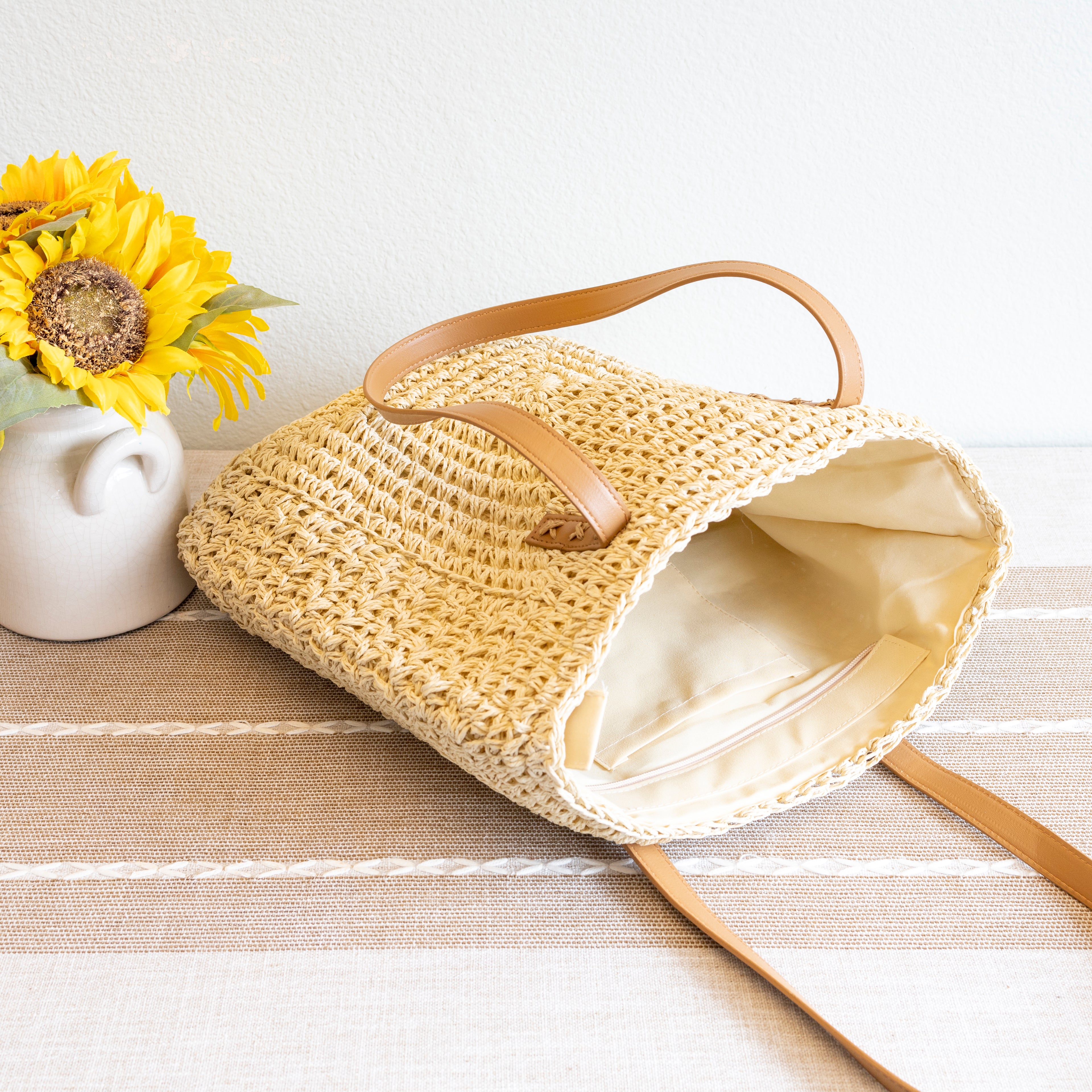 Patterned Straw Woven Tote Bag