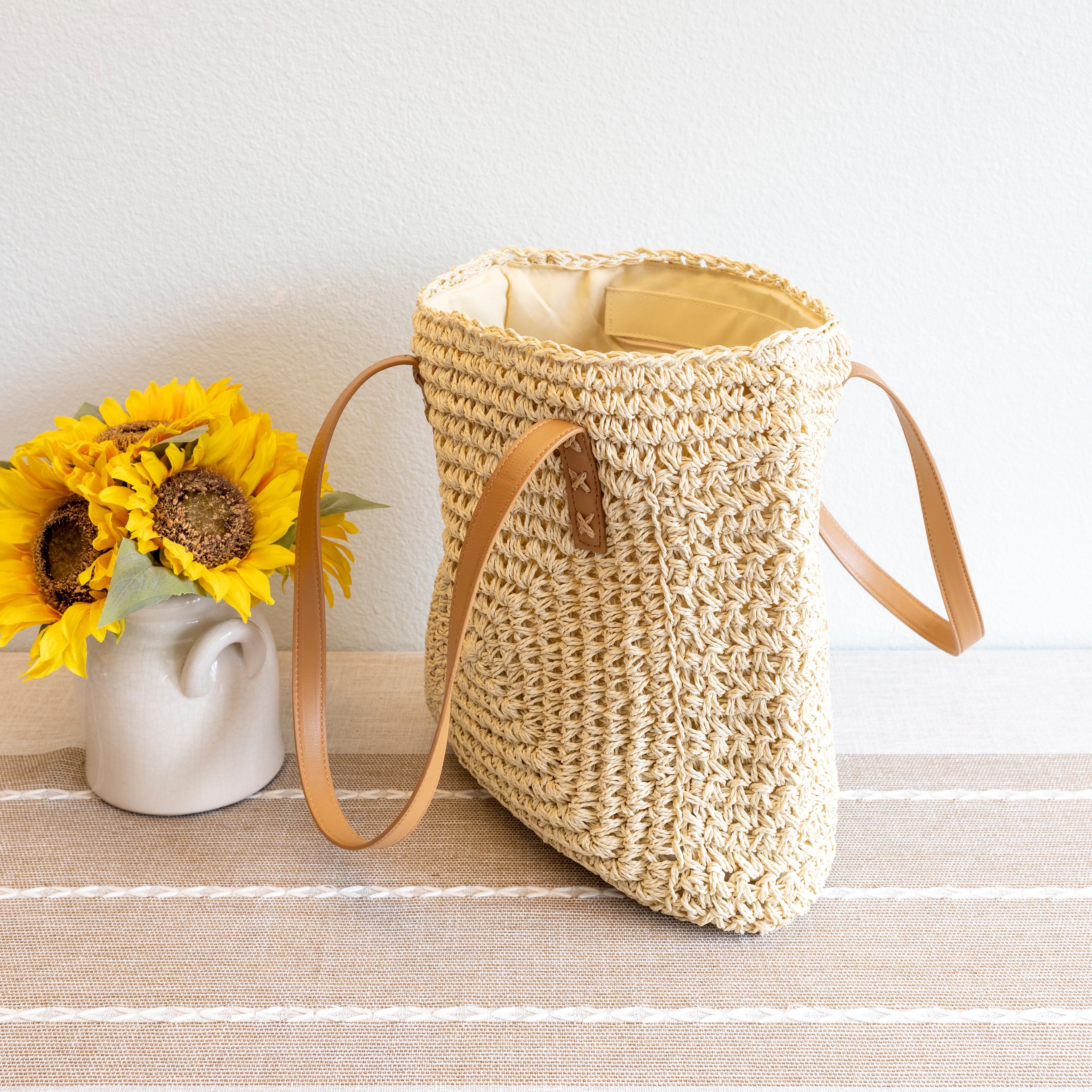 Patterned Straw Woven Tote Bag