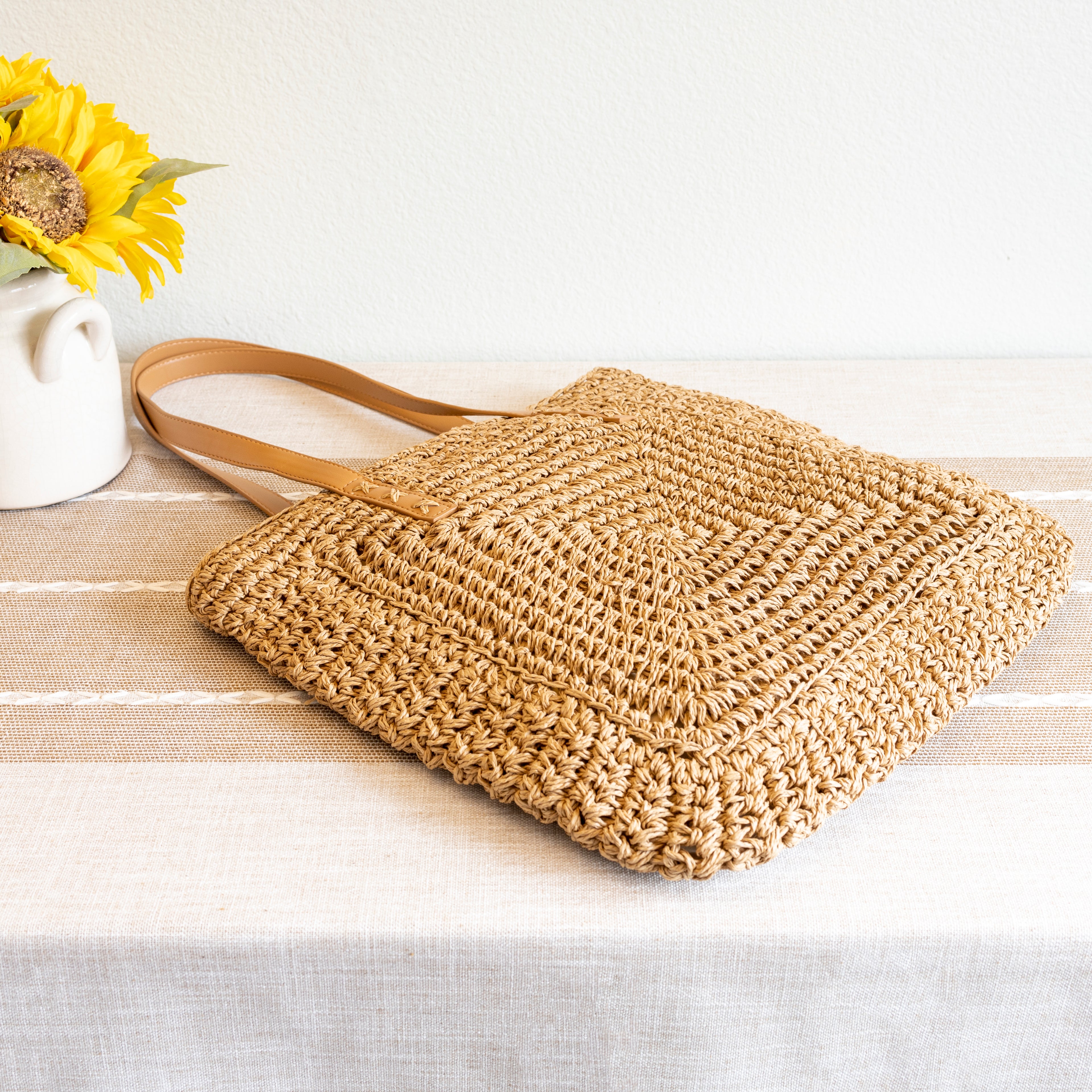 Patterned Straw Woven Tote Bag