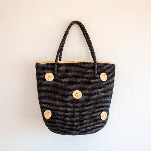 Black Raffia Basket Tote with Natural Polka Dots