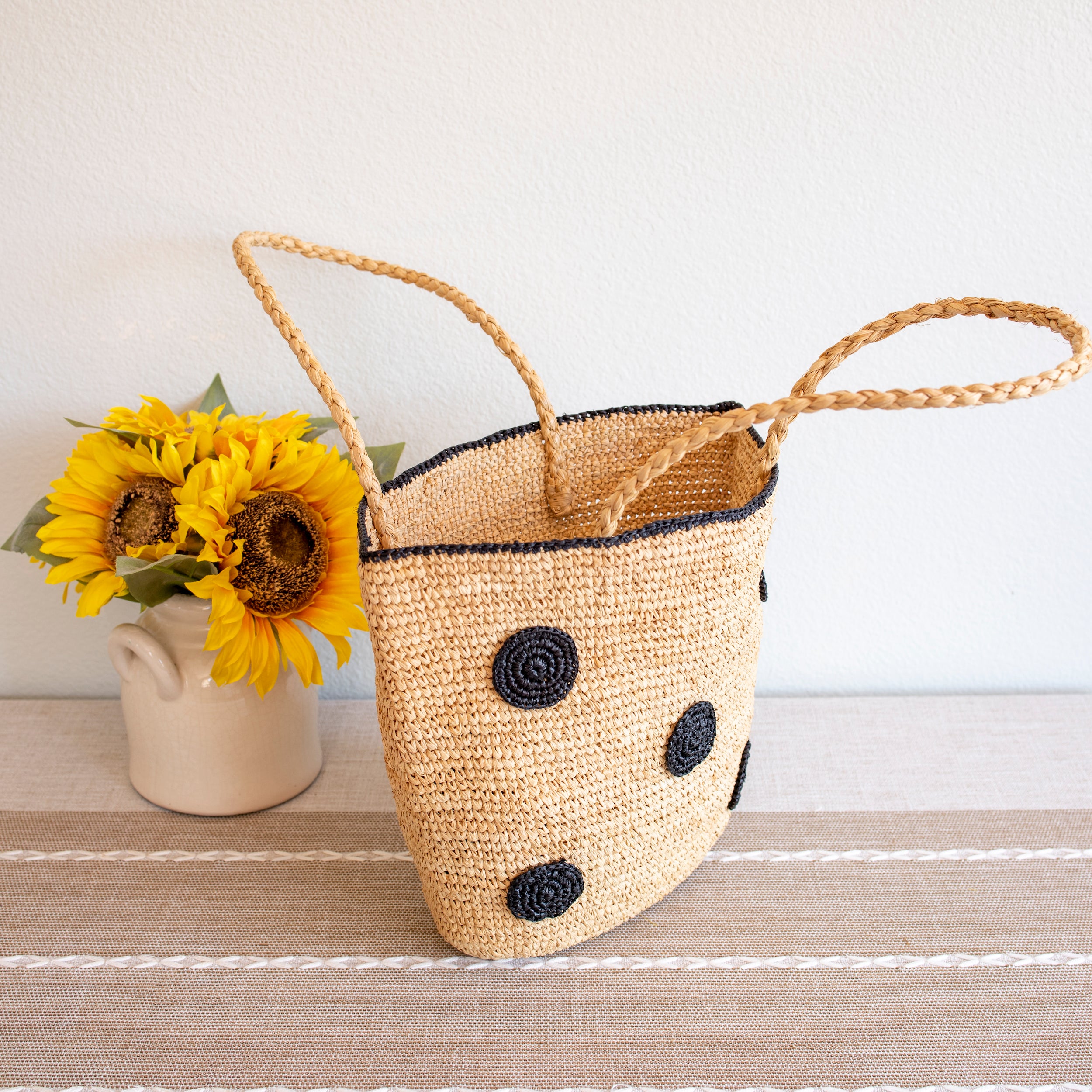 Polka Dot Design Raffia Woven Summer Straw Tote