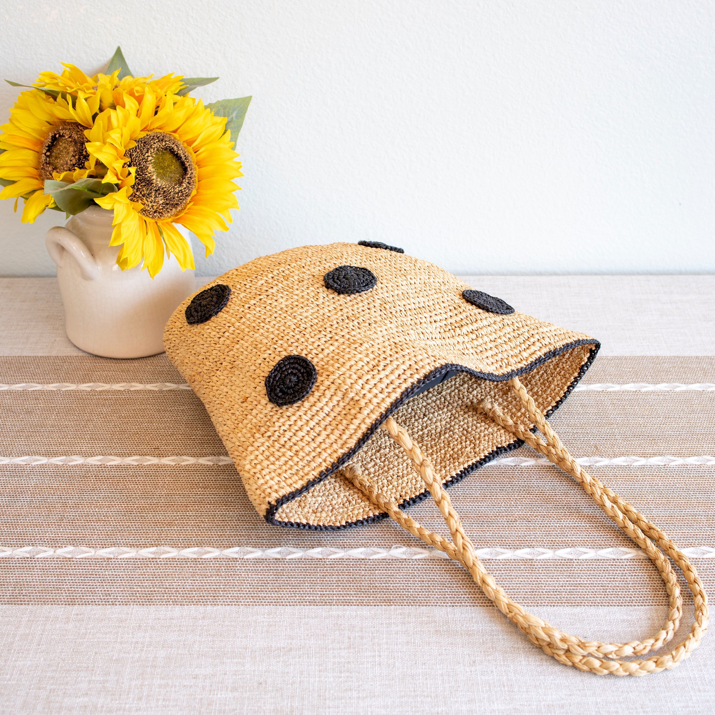 Polka Dot Design Raffia Woven Summer Straw Tote