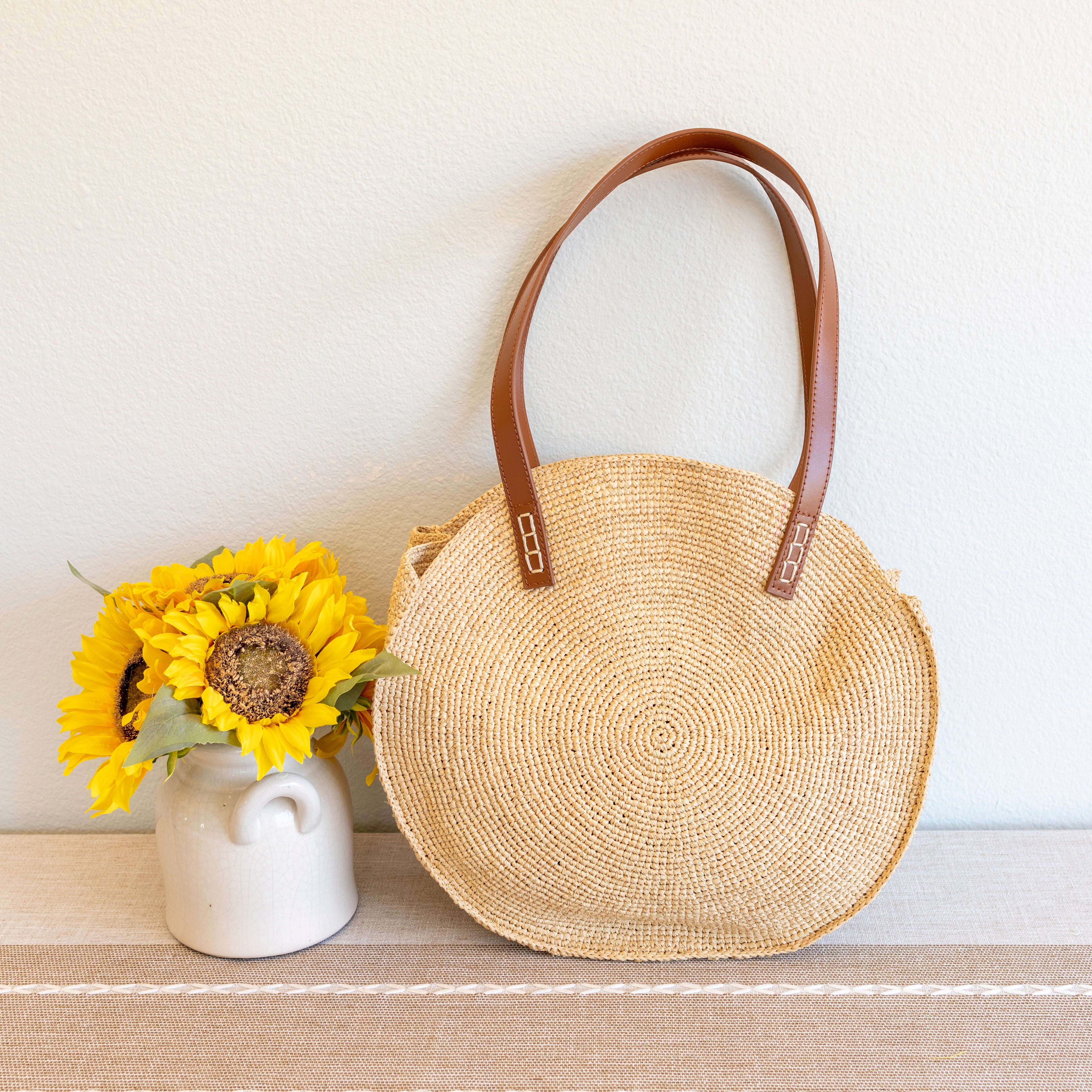 Elena Handbags Round Raffia Woven Shoulder Bag