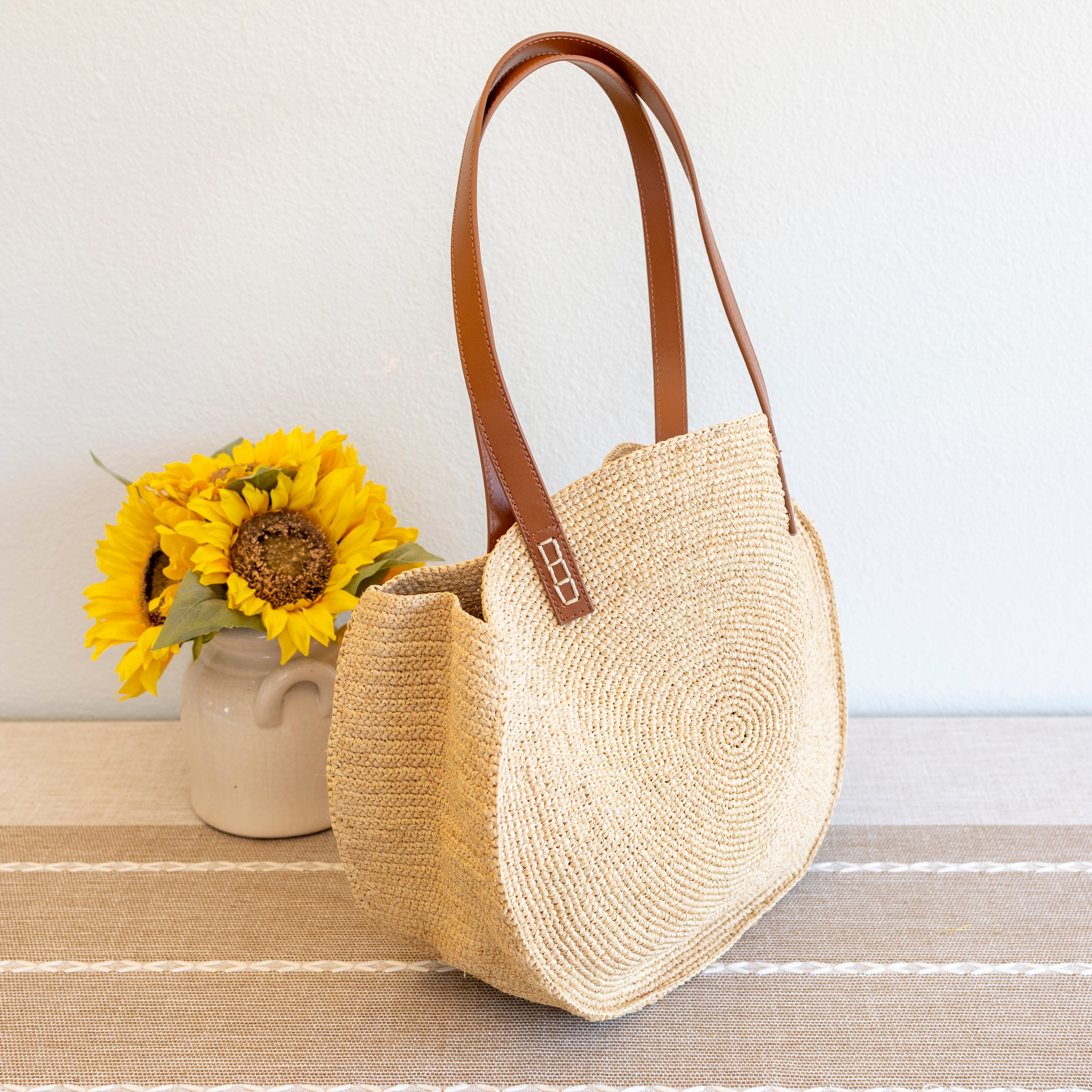 Elena Handbags Round Raffia Woven Shoulder Bag