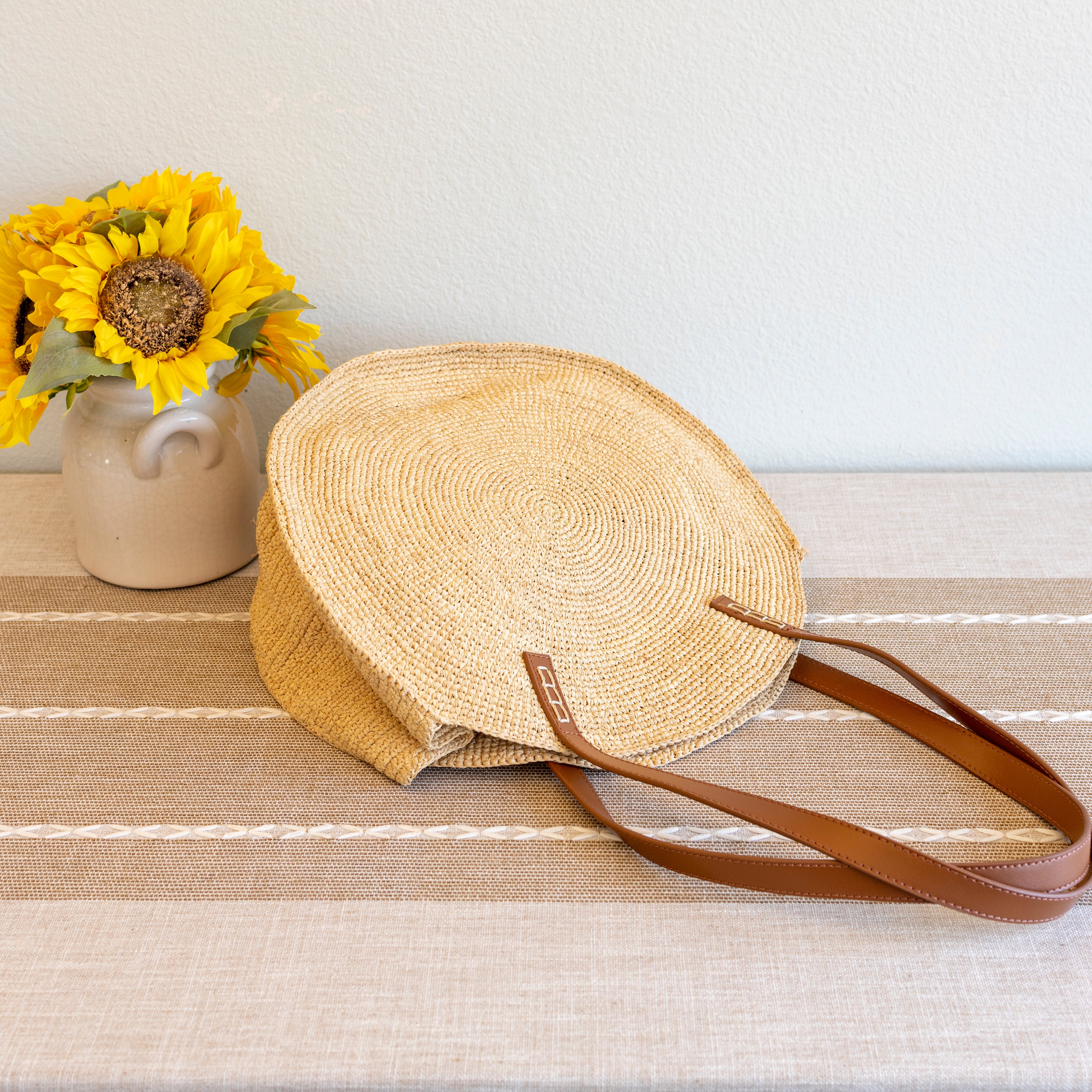 Elena Handbags Round Raffia Woven Shoulder Bag