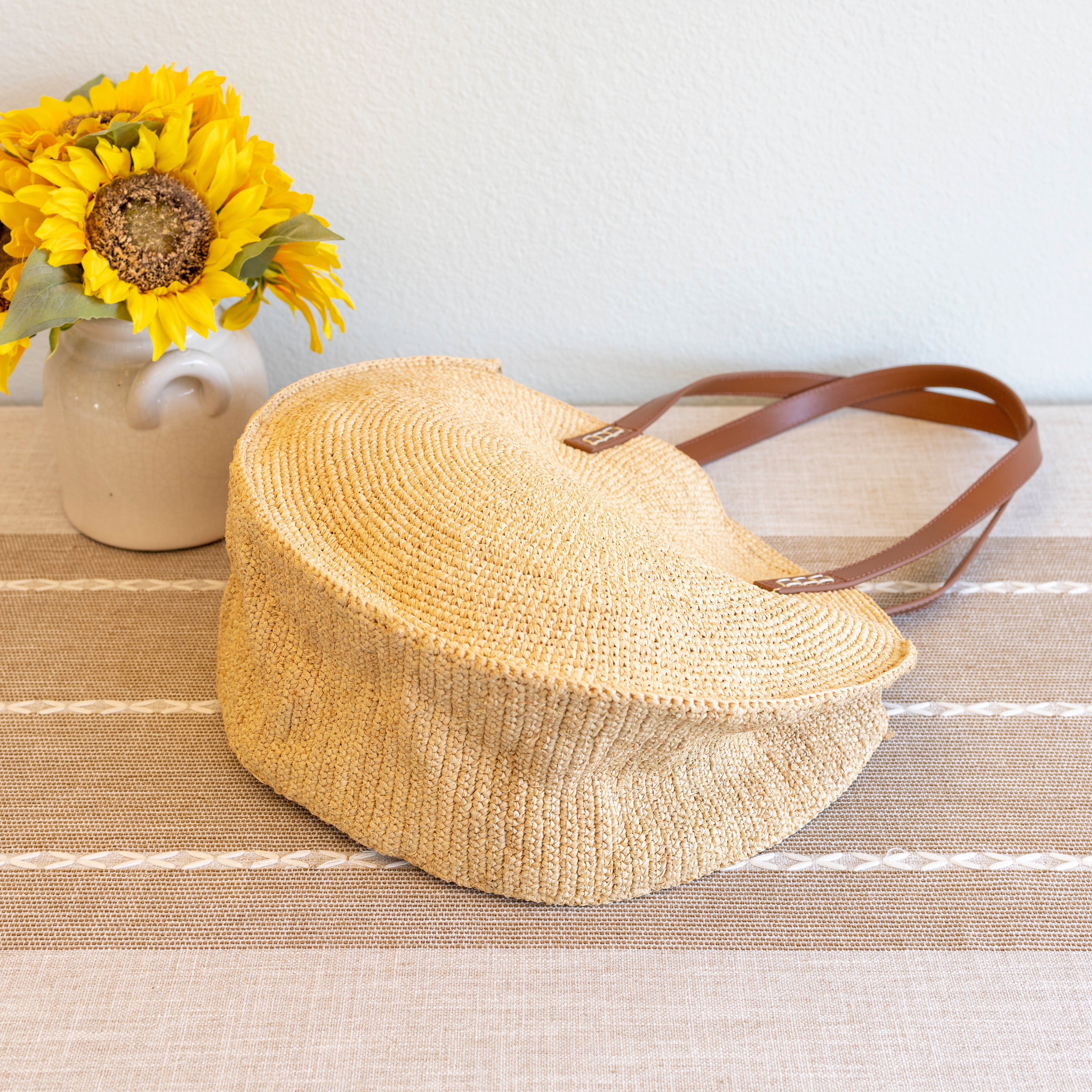 Elena Handbags Round Raffia Woven Shoulder Bag