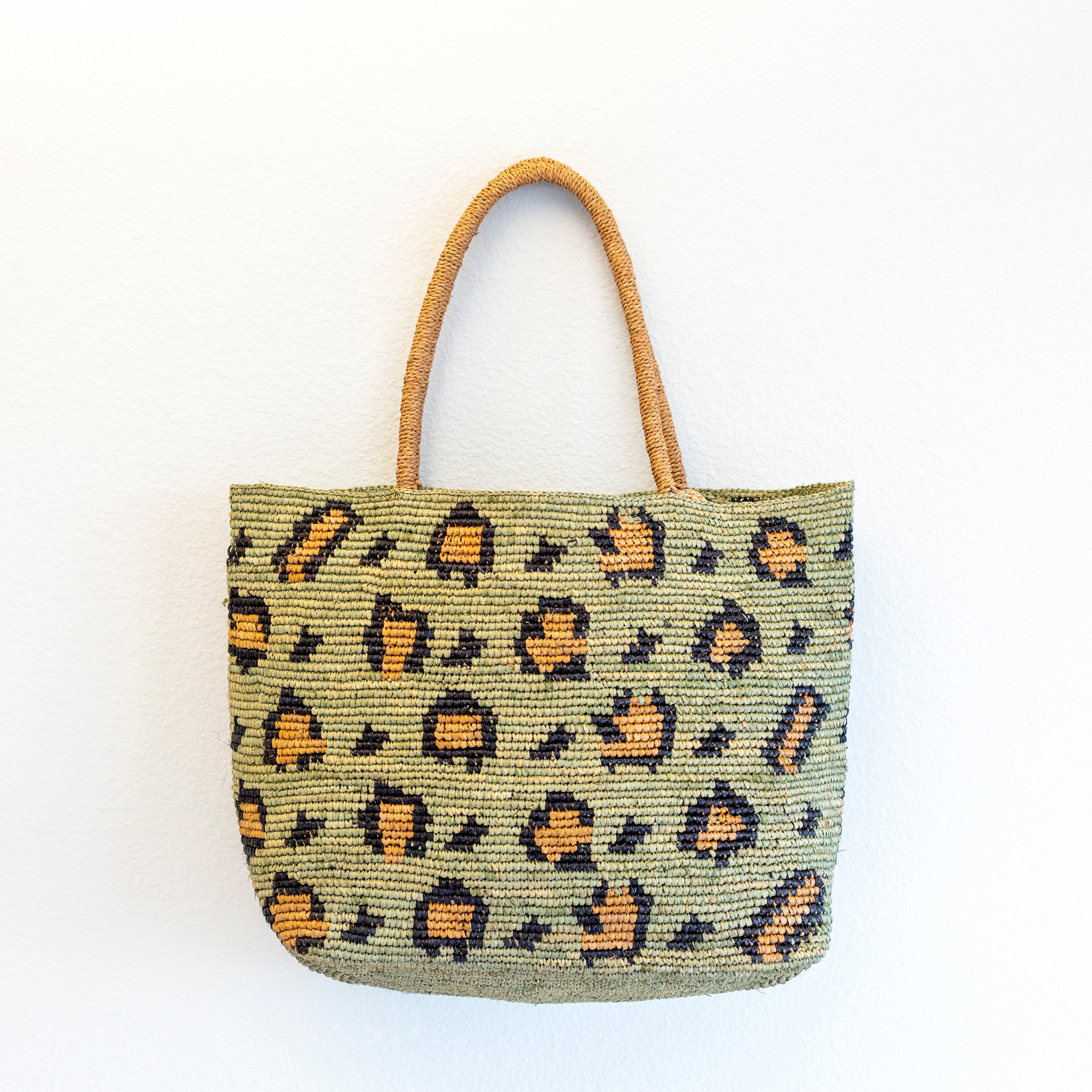 Elena Handbags Green Leopard Design Raffia Summer Tote Bag