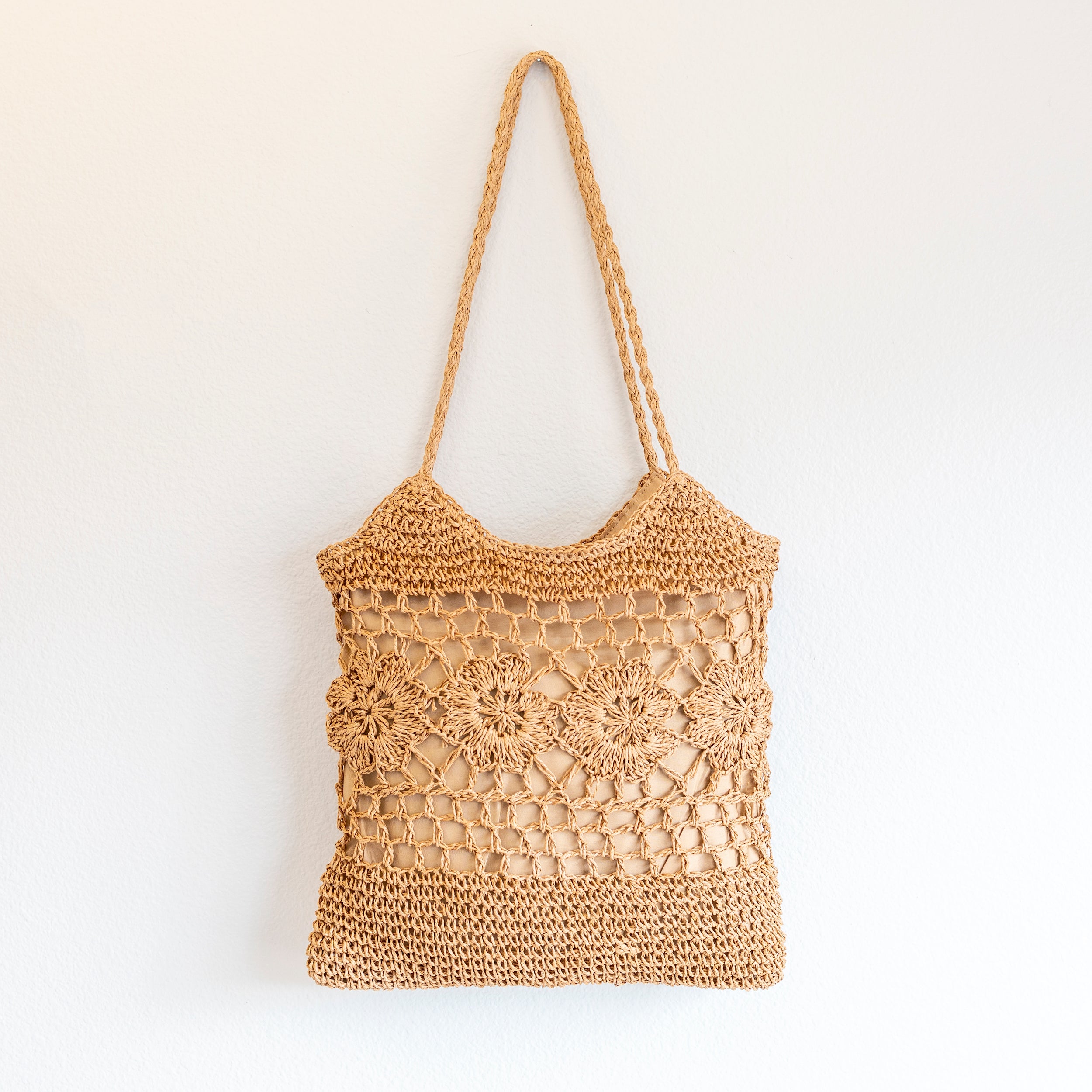 Elena Handbags Straw Woven Summer Fashion Bag with Floral Designs